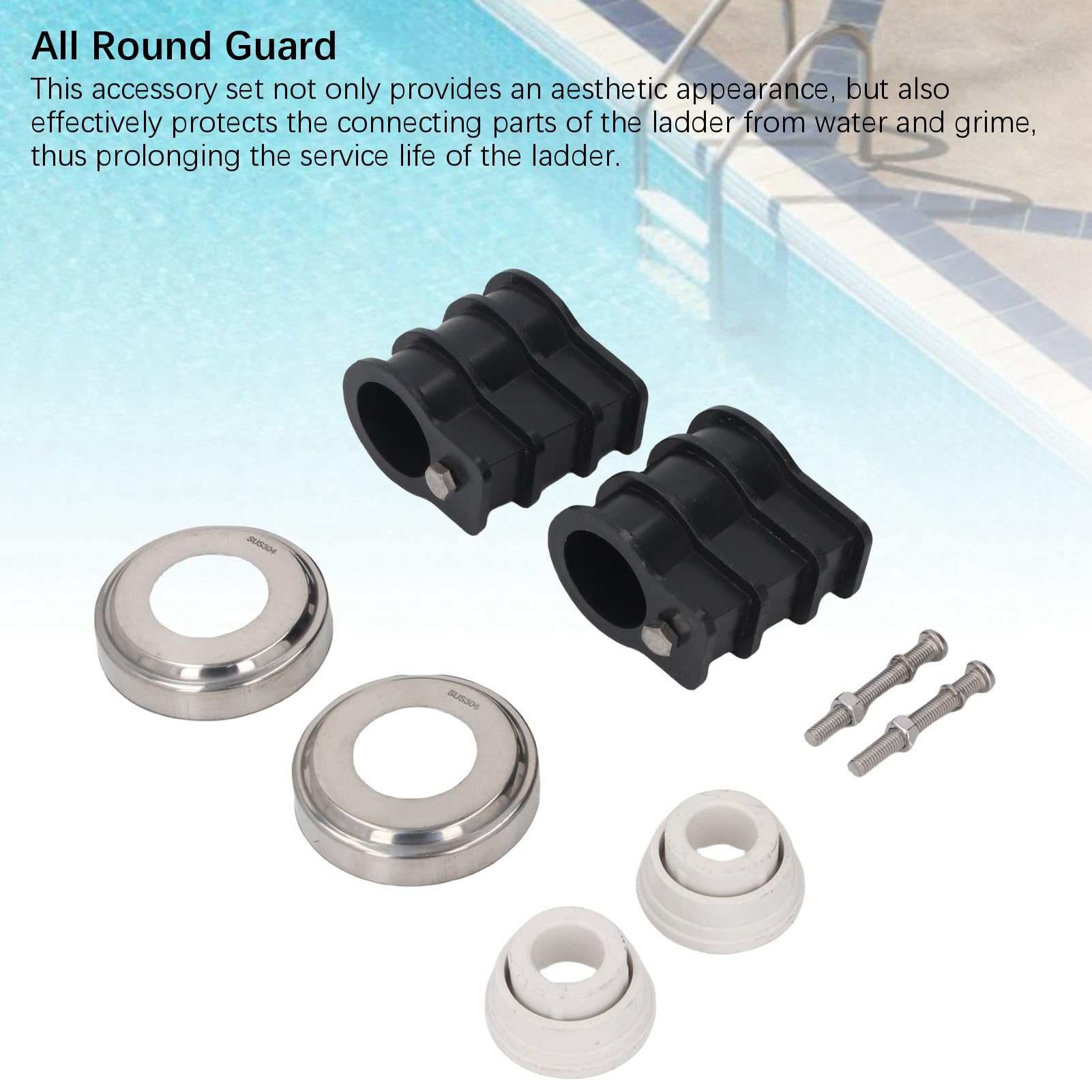 PolyGen Juego de Tuercas y Pernos para Escalera de Piscina con Cubiertas de Escudo para Tubos de 42 mm de diámetro, instalación Sencilla, Kit de Repuesto para Escalera de Piscina