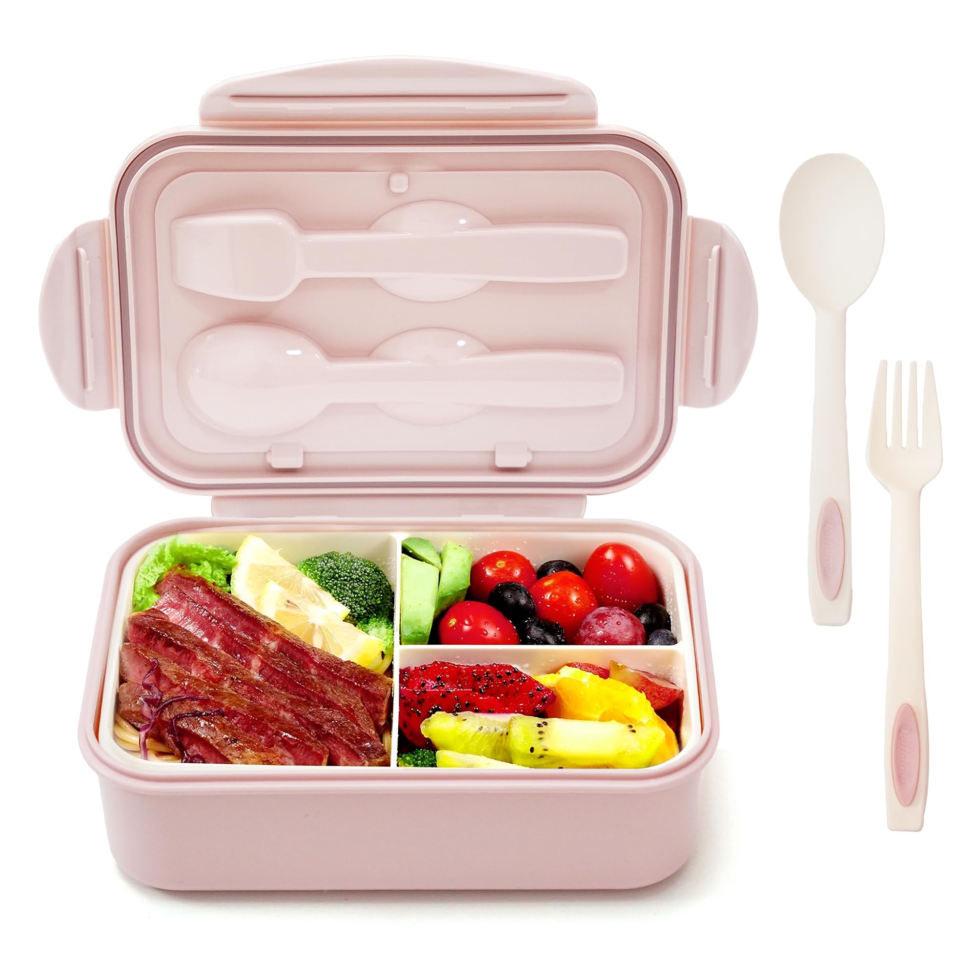 Bento Box for Adults Lunch Containers for Kids 3 Compartment Lunch Box Food Containers Leak Proof Microwave Safe(Flatware Included,Pink)