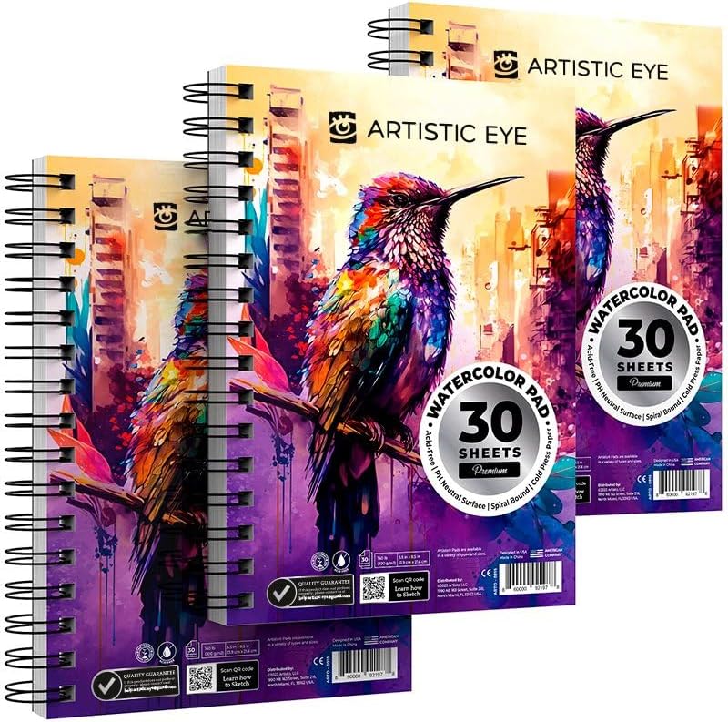 Artisto Watercolor Pads 5.5x8.5”, Pack of 3 (90 Sheets), Spiral Bound, Acid-Free Paper, 140lb (300gsm), Perfect for Most Wet & Dry Media, Ideal for Beginners, Artists & Professionals