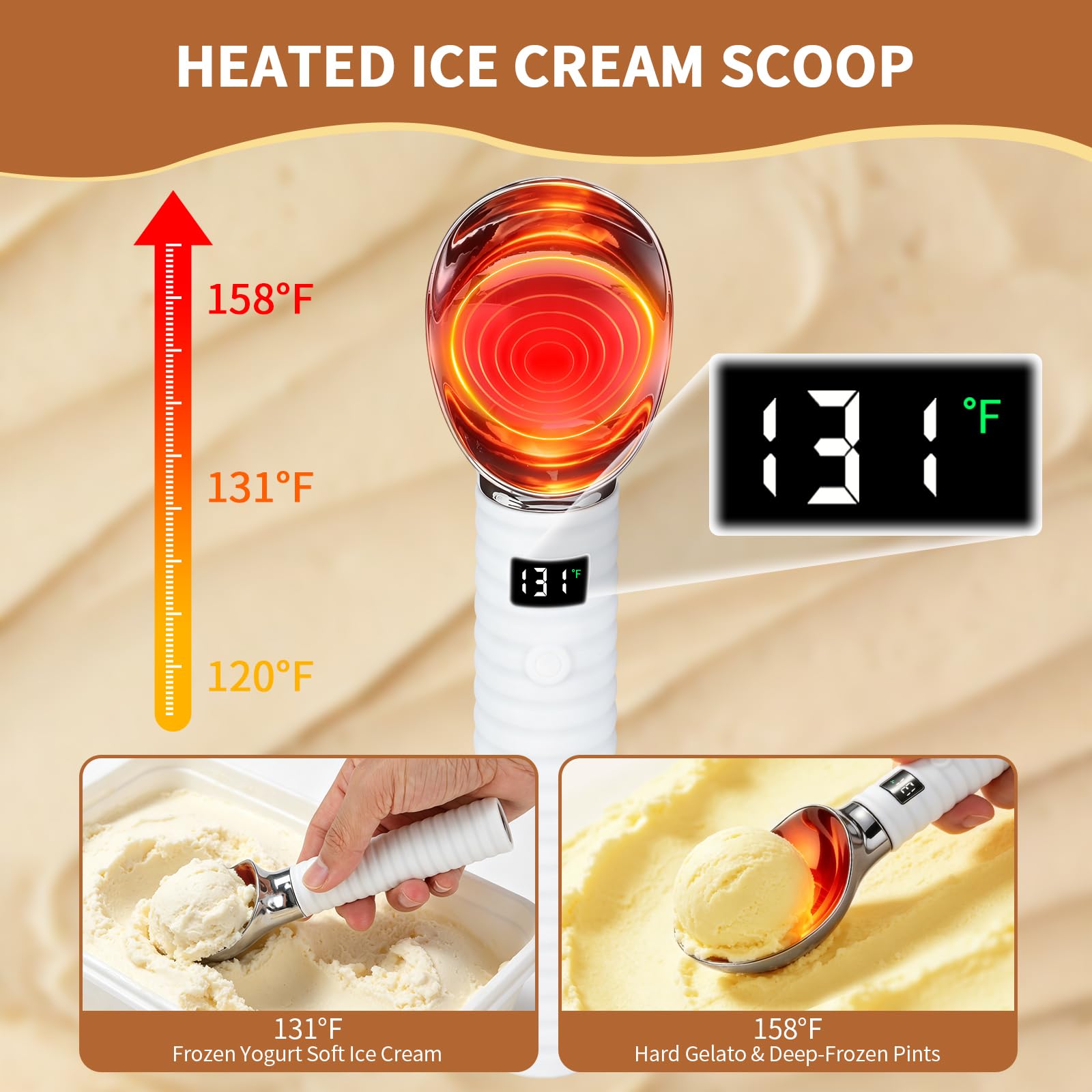 Paletta per Gelato Riscaldata,Cucchiaio per Gelato Riscaldabile Elettrico con 2 Livelli di Calore 55/70°C Display LED Porzionatore per Gelato Riscaldato per Gelato Duro Artigianale,Impermeabile IP68