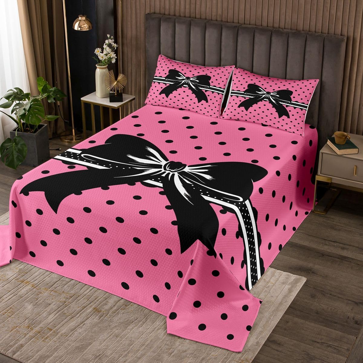 jejeloiu Cartoon Bowknot Bedspread 3 Pieces King Size Polka Dots Coverlet Set Soft Cozy Pink Black Lightweight Quilted Coverlet for All Season with 2 Pillowcases Princess