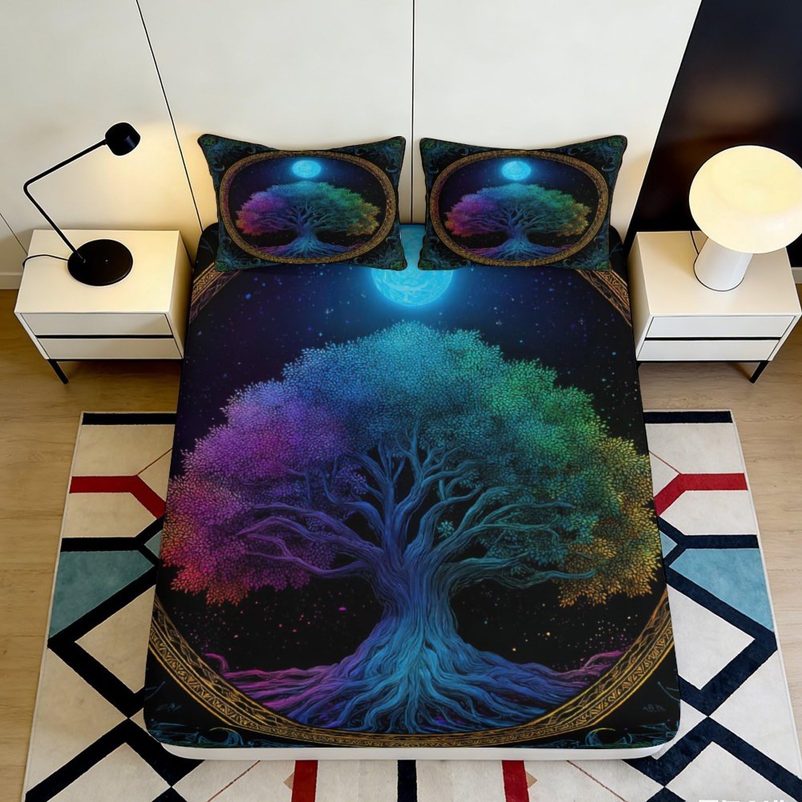 3D Printed Rainbow Tree Fitted Sheet Microfiber Soft Breathable Fantasy Forest Bed Cover for Bedroom Guest Room Decor 90x200x25cm