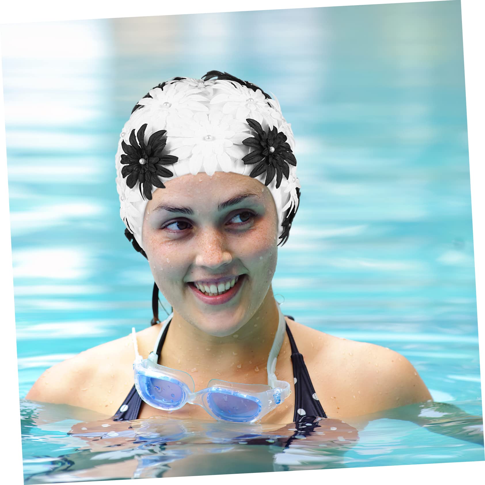 Luxshiny Gorro de Natación Doble Capa con Decoración de Flor de para Mujeres Gorro y Transpirable para Natación Rafting y Actividades Acuáticas