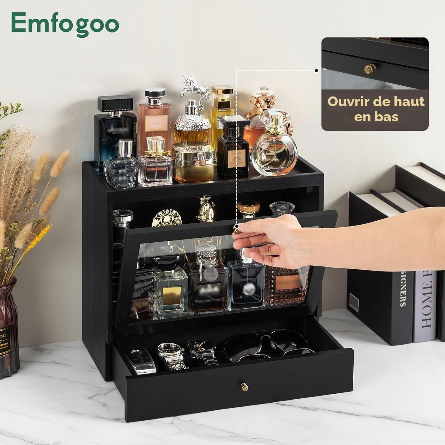Rangement Parfum Homme, Porte Parfums en Bois, Grande Capacité Organisateur Parfums avec Tiroir, Présentoir Parfum pour Parfums, Bijoux, Excellent Cadeau (Noir)