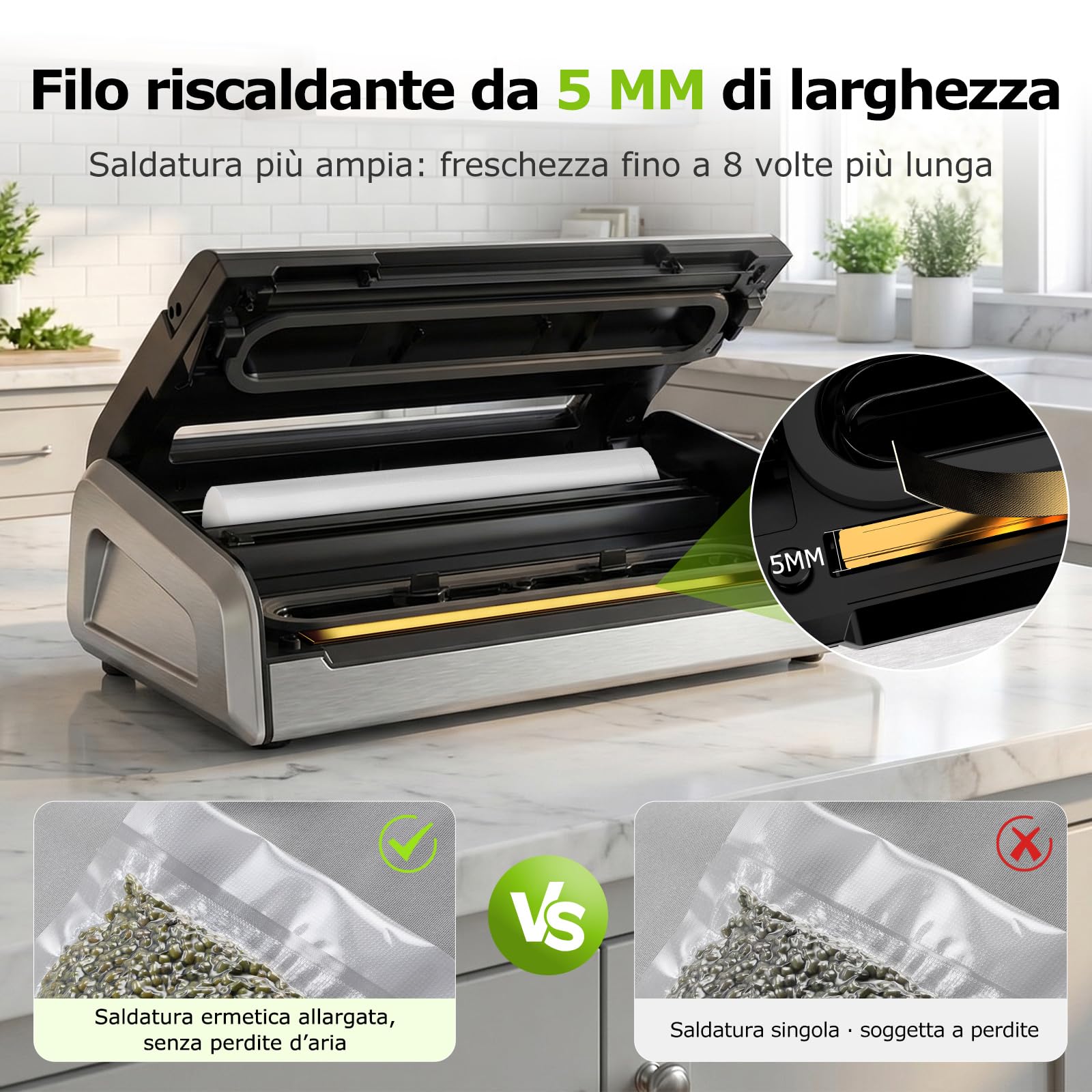 Bonsenkitchen Macchina Sottovuoto, Sigillatura Larga 5mm Antigoccia, Acciaio Inox, Una Mano & Pulse Secco/Umido, Macchina Sottovuoto ad Alte Prestazioni incl. 1 Rotolo & 10 Sacchetti, VS4200