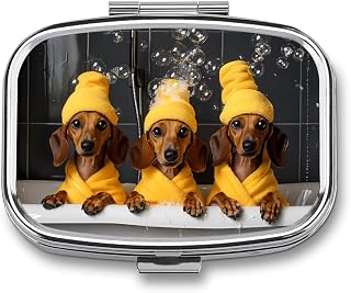Dachshund Bathing in Bathtub Travel Pill Organizer Portable Pill Case Medical Box Small Pill Container for Pocket Purse