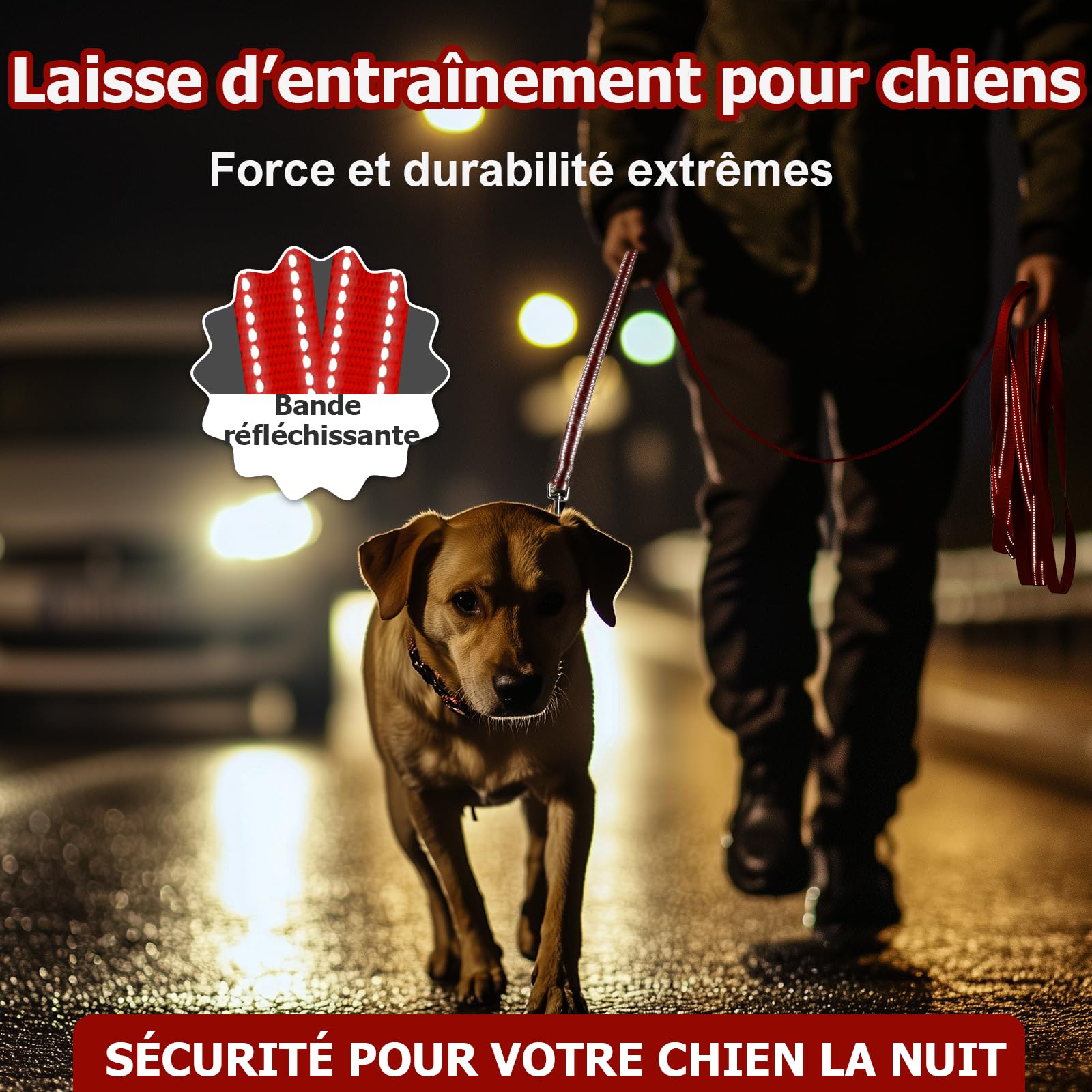 Laisse Chien, Longe pour Chien Réfléchissante, Longe 3m 5m 10m 15m 20m 25m 30m, avec Mousqueton Solide, Parfaite pour Les Balades Nocturnes, Convient à Toutes Tailles de Chiens (Rouge, 5m)