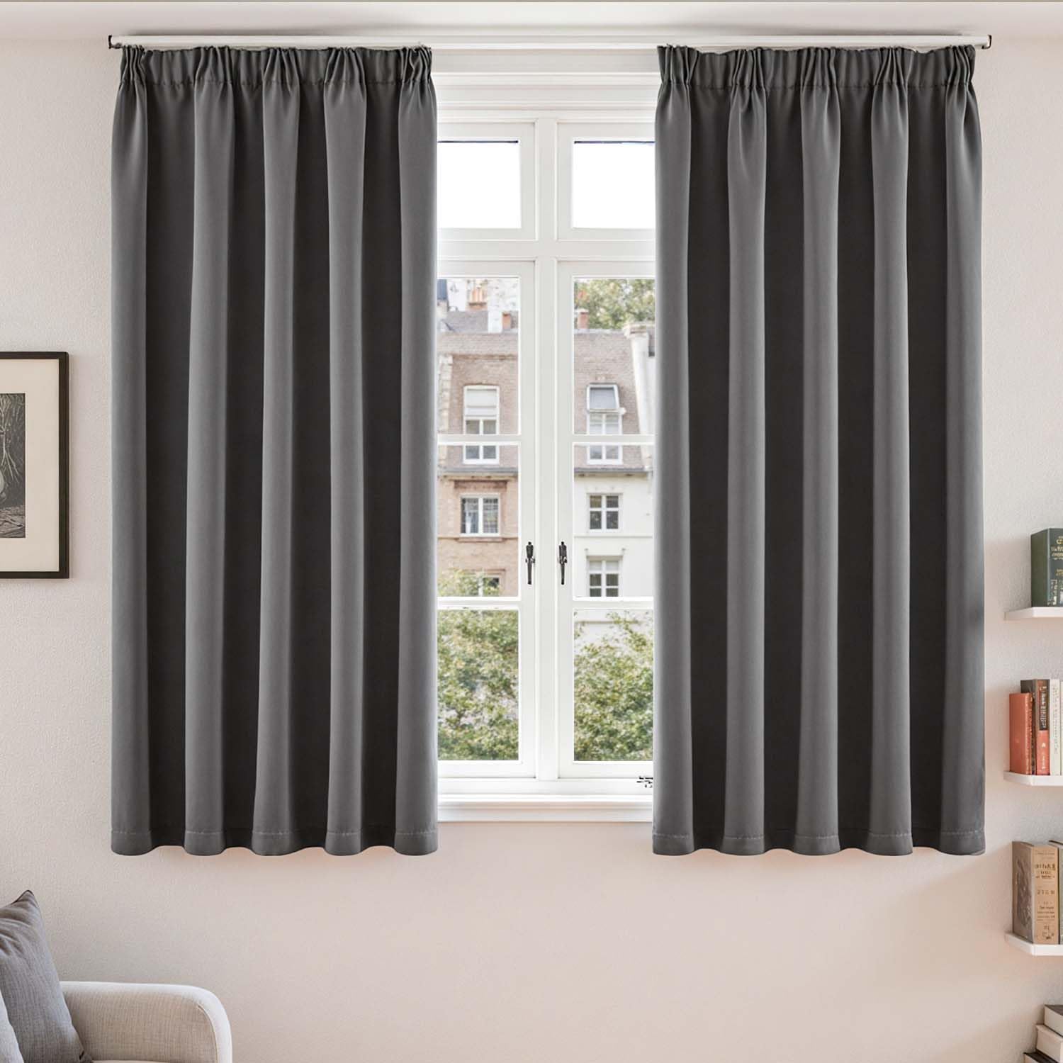 Vangao Gardinen mit Kräuselband Wohnzimmer H145 x B140cm 2er Set Modern Gardinen Blickdicht Küche Schlafzimmer kurz Kinderzimmer Thermo Verdunkelnd Fenster Blackout Curtains, Dunkelgrau