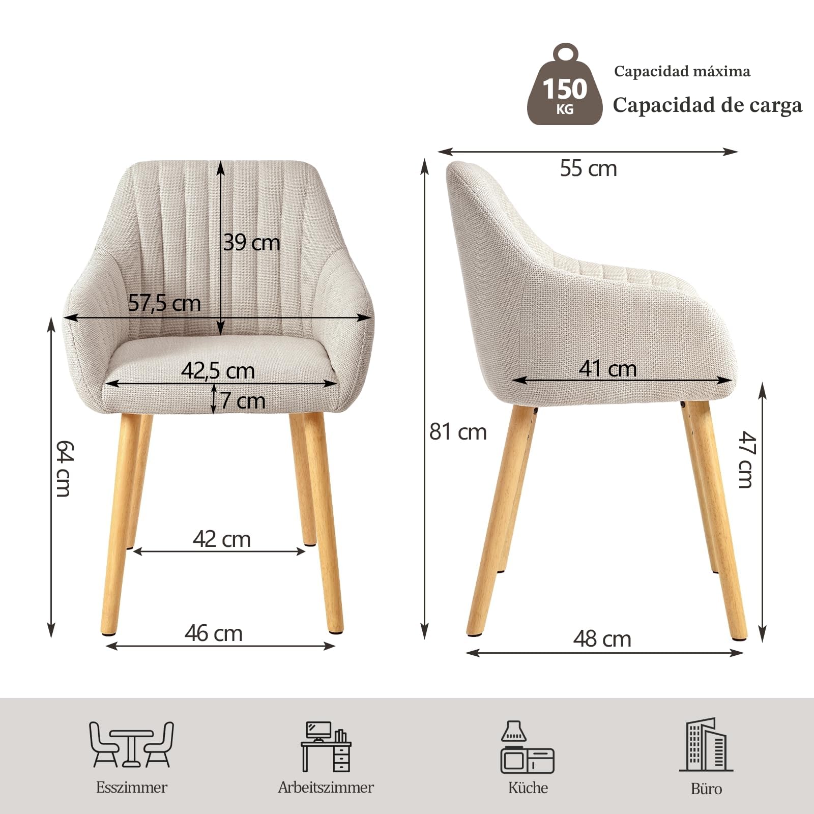 Juego de 4 sillas de Comedor Beige con reposabrazos de Lino, sillas de Comedor, Silla de salón, Silla de Cocina
