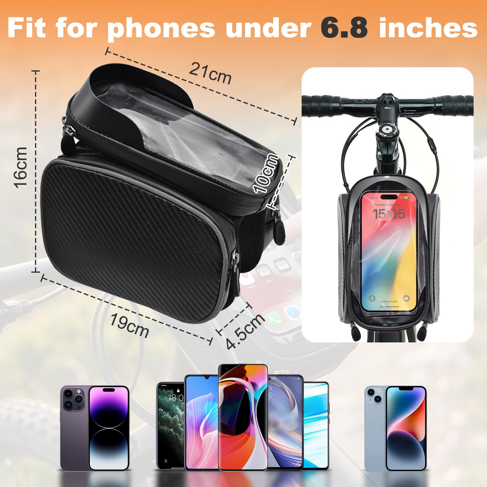 Borsa da Manubrio, Impermeabile Borsa Telaio Bici con Touchscreen TPU Bici Telaio per Smartphone Fino 6,8'' Borsa Tubo Anteriore per MTB, Bici Gravel, Bici Strada, Bici Elettrica
