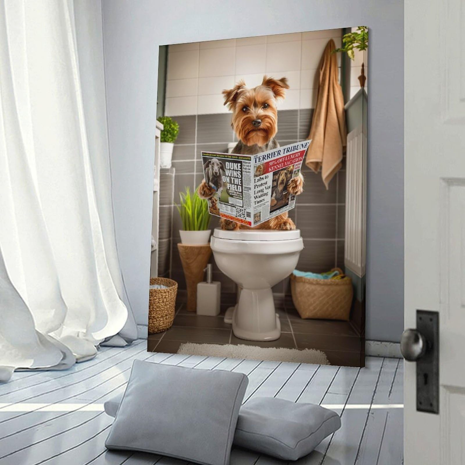 Junmoney Canvas Art Print Yorkshire Terrier Toilet, 20x30inch(50x75cm), for Office, Study Or Home Workspace, Wall Art That Adds Style to Work Areas