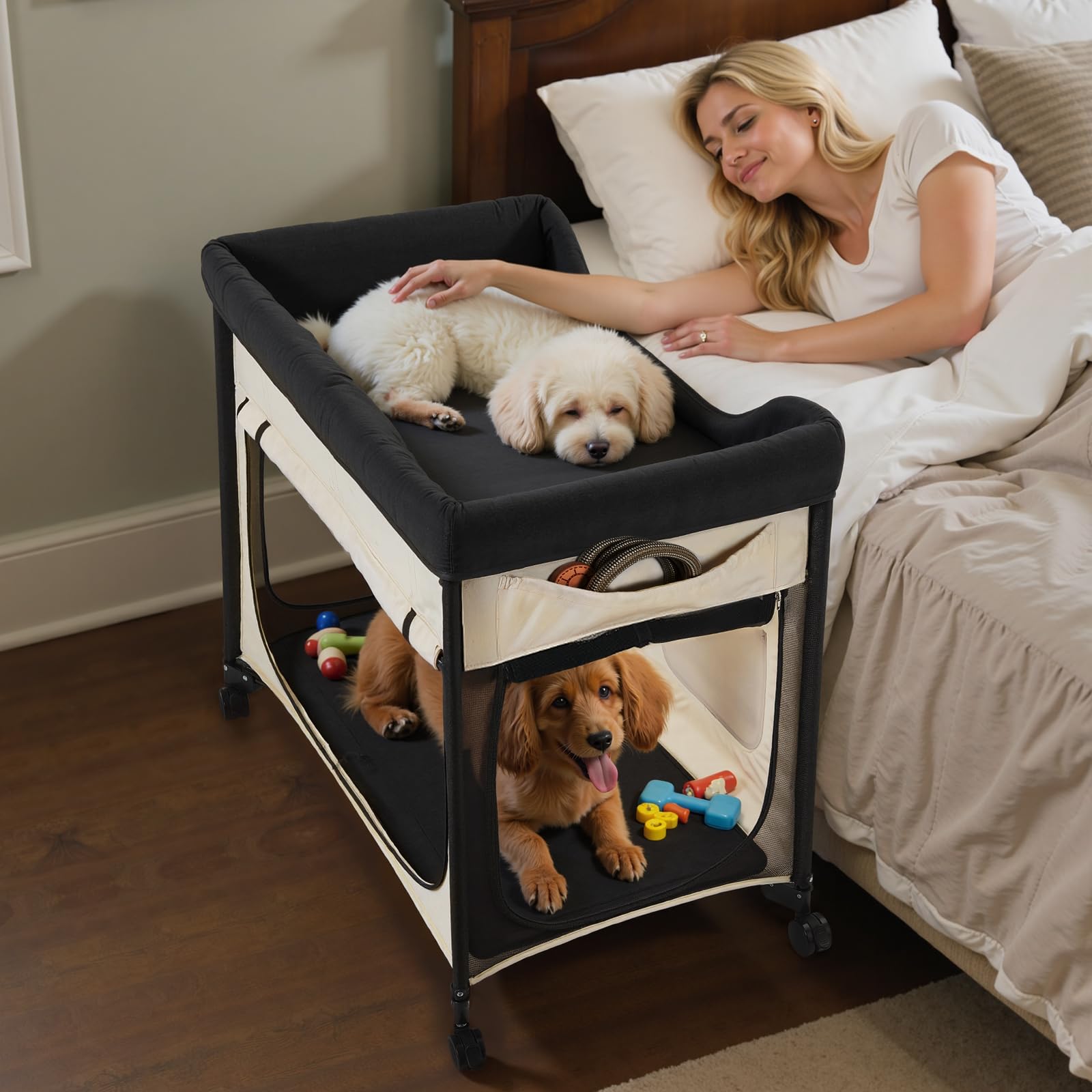 VEVOR Lit Surélevé pour Chiens Chats, Lit de Camp pour Animaux de Compagnie Pliable, Panier Chiens en Tissu Oxford 600D et Velours Hollandais, avec Roues et Pochettes Latérales, Taille XL, Beige