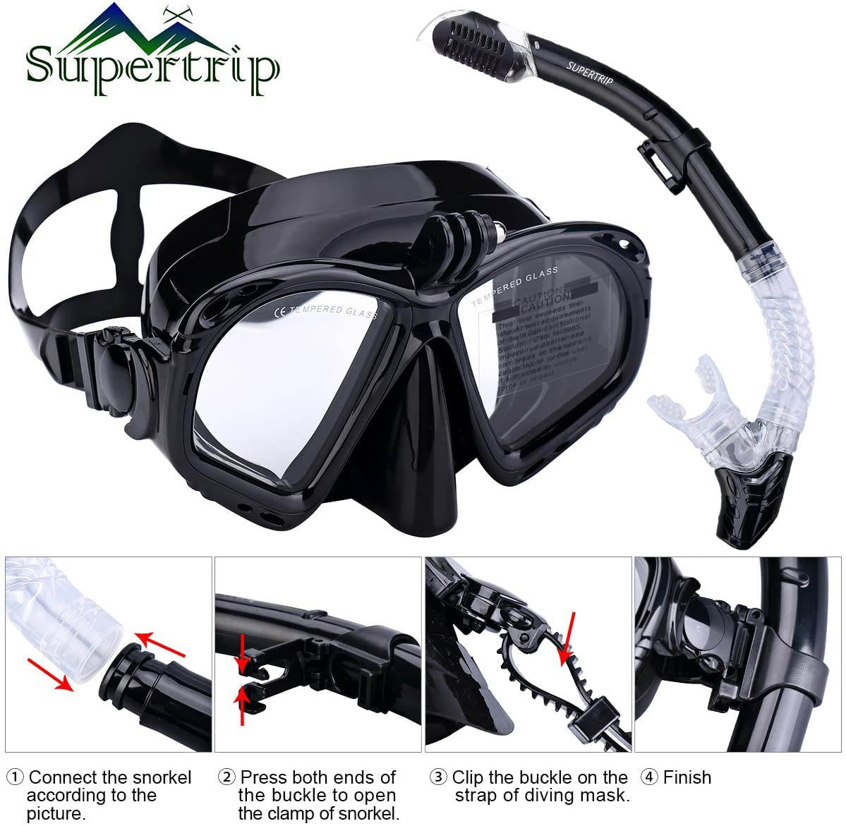 Supertrip Premium zestaw do nurkowania dla dorosłych | Okulary do nurkowania z fajką, zestaw do nurkowania z uchwytem na kamerę, zestaw do nurkowania na plażę