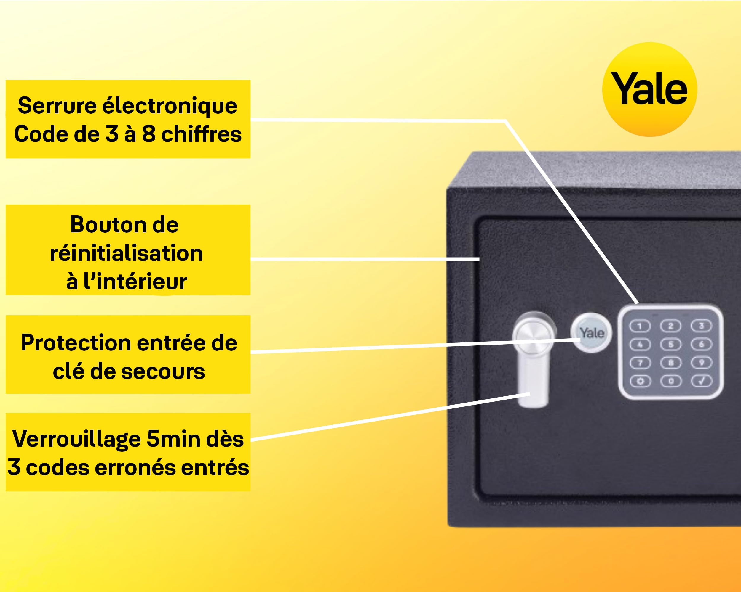 Yale Coffre-Fort Électronique - Medium 16.3L - Serrure 100 000 Combinaisons, verrou électronique Code 3 à 8 Chiffres - Dimensions 25x35x25cm YSV/250/DB2