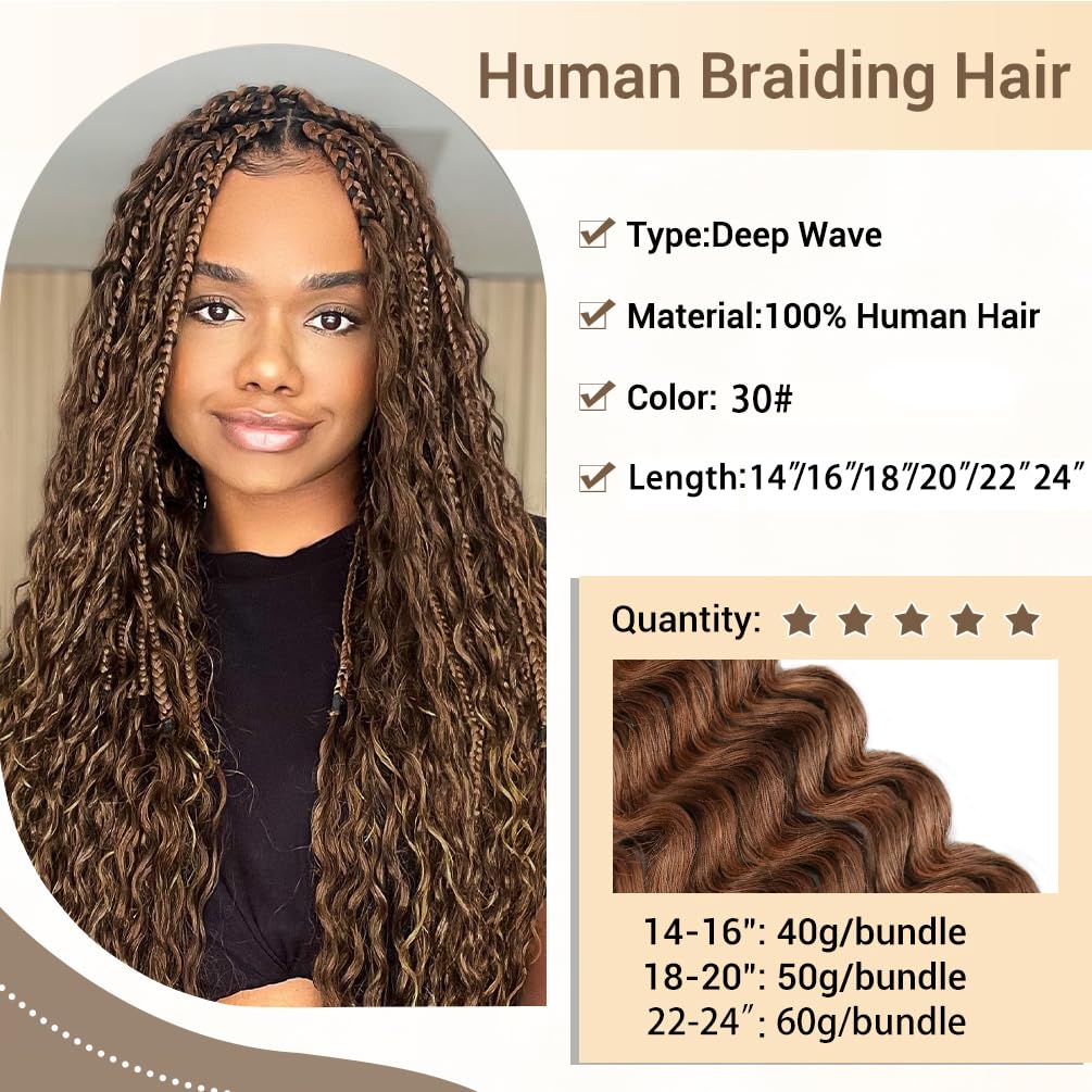 Human Braiding Hair for Boho Knotless Braids 3 Bundles 18 Inches 150g Deep Wave 10A Brazilian Virgin Human Bohemian Hair for Braiding Auburn Brown 30