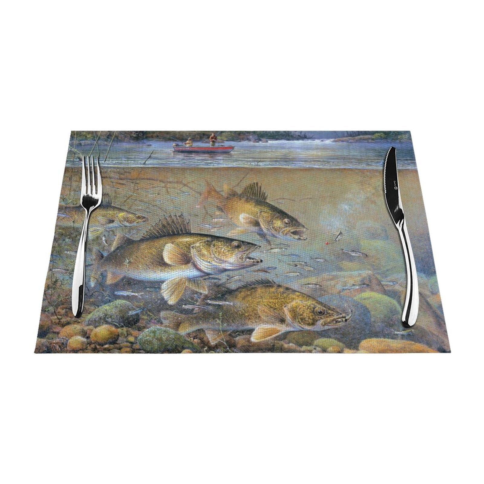 PVC Placemat Set of 1 PCS, 45x30 CM, Fishing Lake Fishermen Printed Non-Slip Heat Resistant Place Mats for Kitchen Dining Table Indoor Outdoor