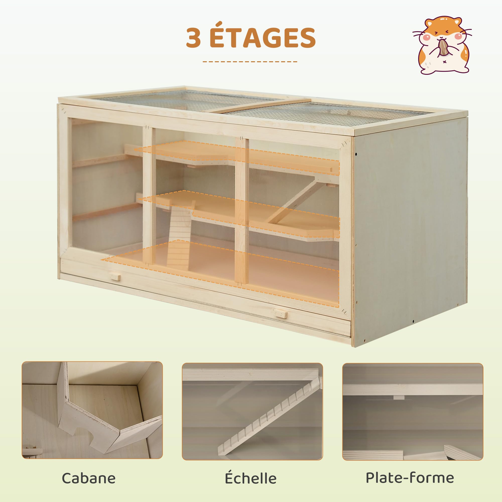 PawHut Gabbia per criceto a 2 livelli, Gabbia gerbilli con tetto apribile, finestre, capanna, habitat per piccoli roditori, 2 scale e vassoio scorrevole, 115 x 57 x 55 cm, effetto legno naturale