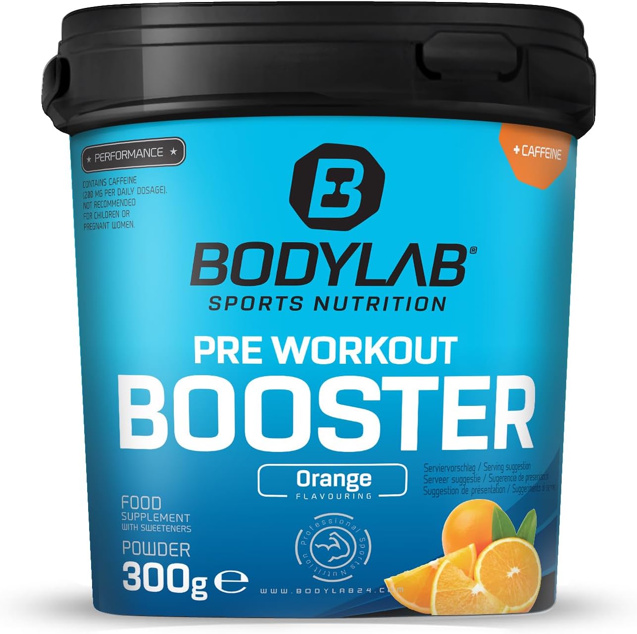 Bodylab24 Pre-Workout Booster Oranje 300g, Energie drank voor de training, booster met 136mg cafeïne, taurine & guarana extract, essentiële BCAA aminozuren en beta-alanine, arginine, citrulline