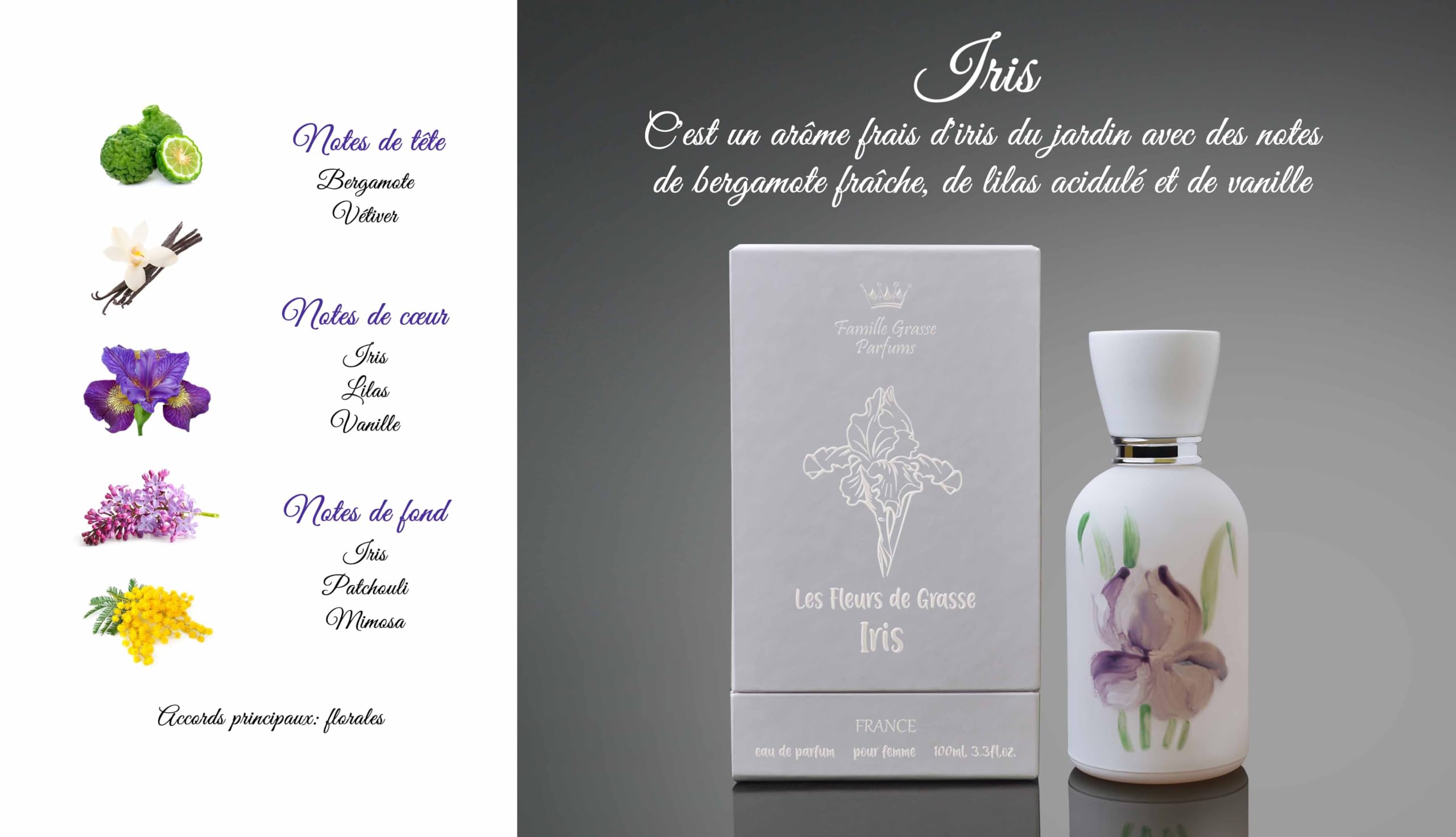 IRIS Naturalne perfumy niszowe dla kobiet 100 ml | Kwiatowy | Rzemiosło | Wyprodukowano we Francji | Produkt Grasse