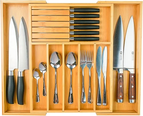 Wencrfat - Organizador de cajones de cubiertos con bloque de cuchillos extraíble y divisores, organizador de cajones de cocina de bambú expandible,