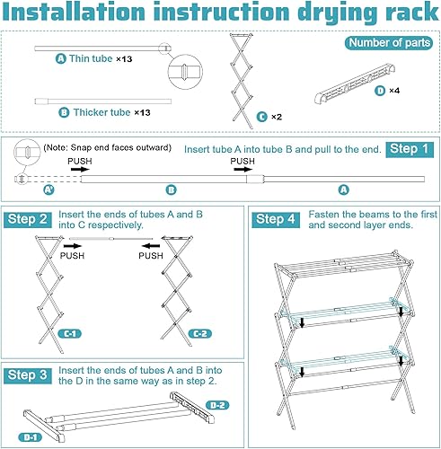 Miniatura 2 de Tendedero plegable para ropa de 3 niveles, para uso en interiores y exteriores, resistente al agua, color blanco, 28 pulgadas de largo x 35 pulgadas