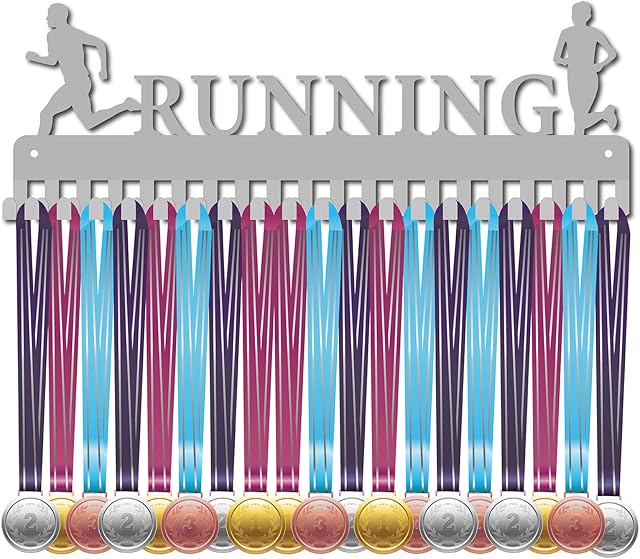 CREATCABIN Running Medal Holder Sport Runner Athlete Medals Hanger Display Stand Wall Mount Decor Holders for Runners Home Badge 20 Hooks Medalist Running Soccer Gymnastics Over 60 Medals, Silver