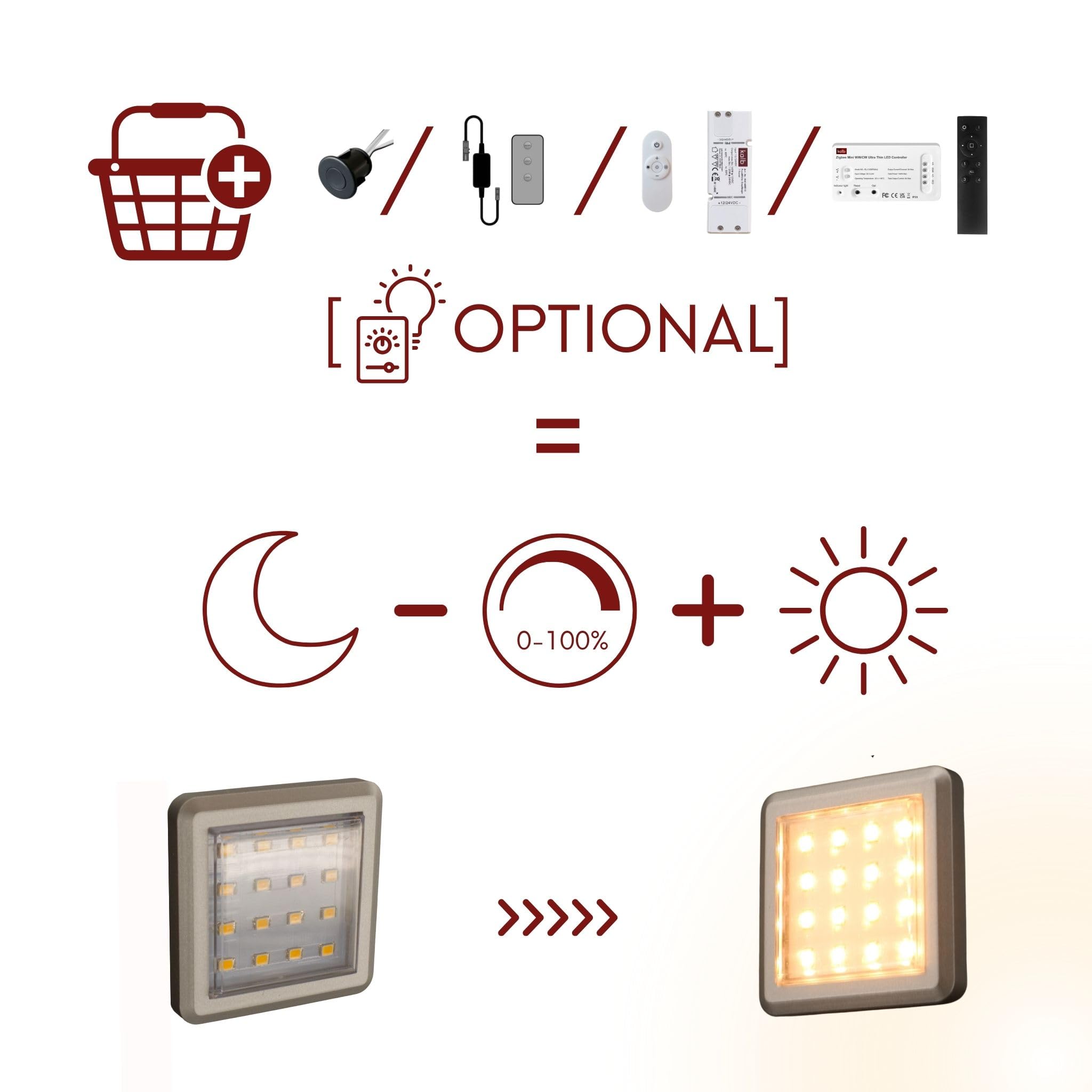 kalb | LED Vitrinenleuchte Quina, 3000K, 12V, mit Fußschalter, 1-10er Set, silber matt, quadratisch, 53mm, mit Erweiterung dimmbar (10er Set)
