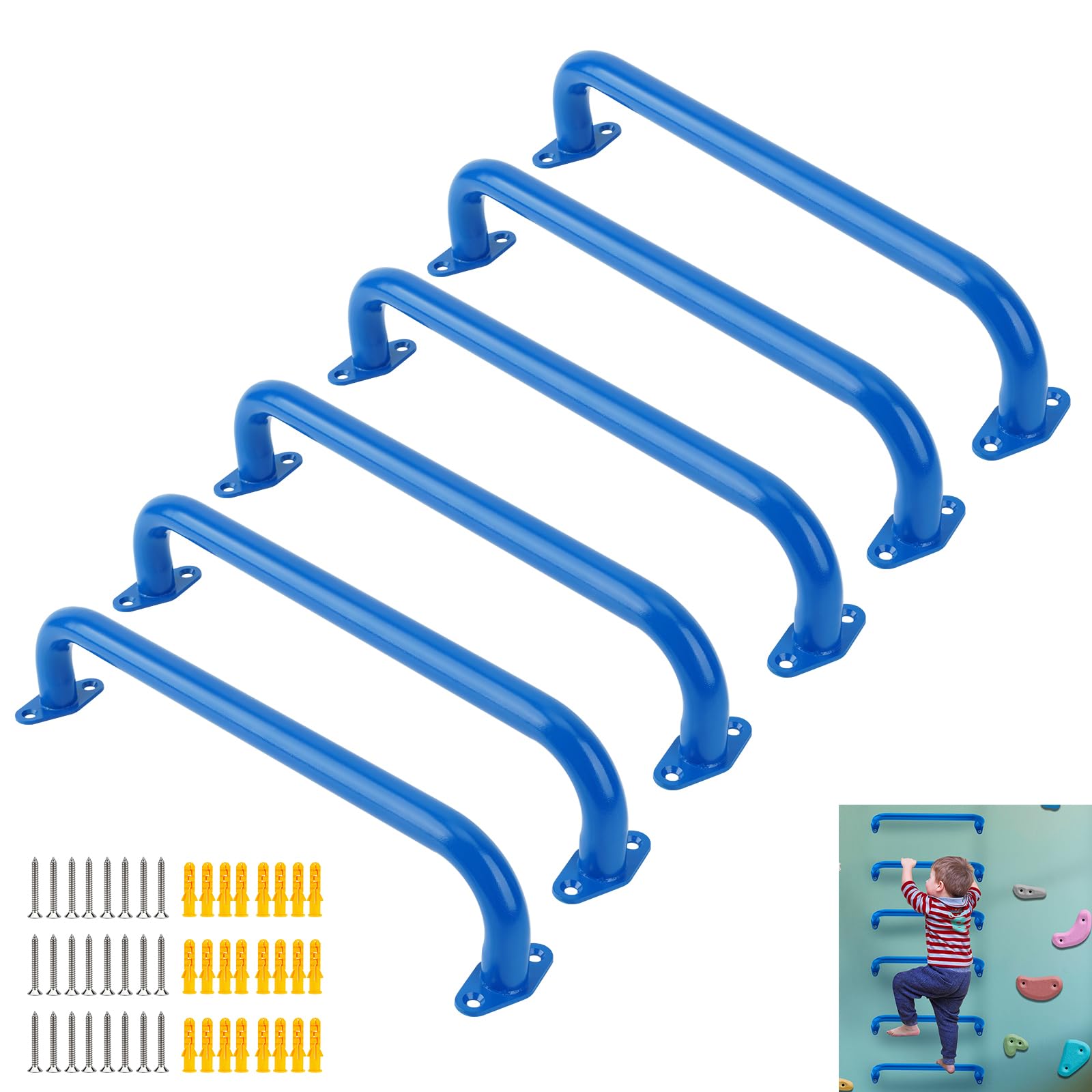 BiJun17 inch Metal Playground Handles,Monkey Bars Indoor Heavy Duty Safety Ceiling Grab Bars for Indoor Outdoor Playgrounds Climbing Frames,Treehouses and Wall ladders (Blue Set of 6)