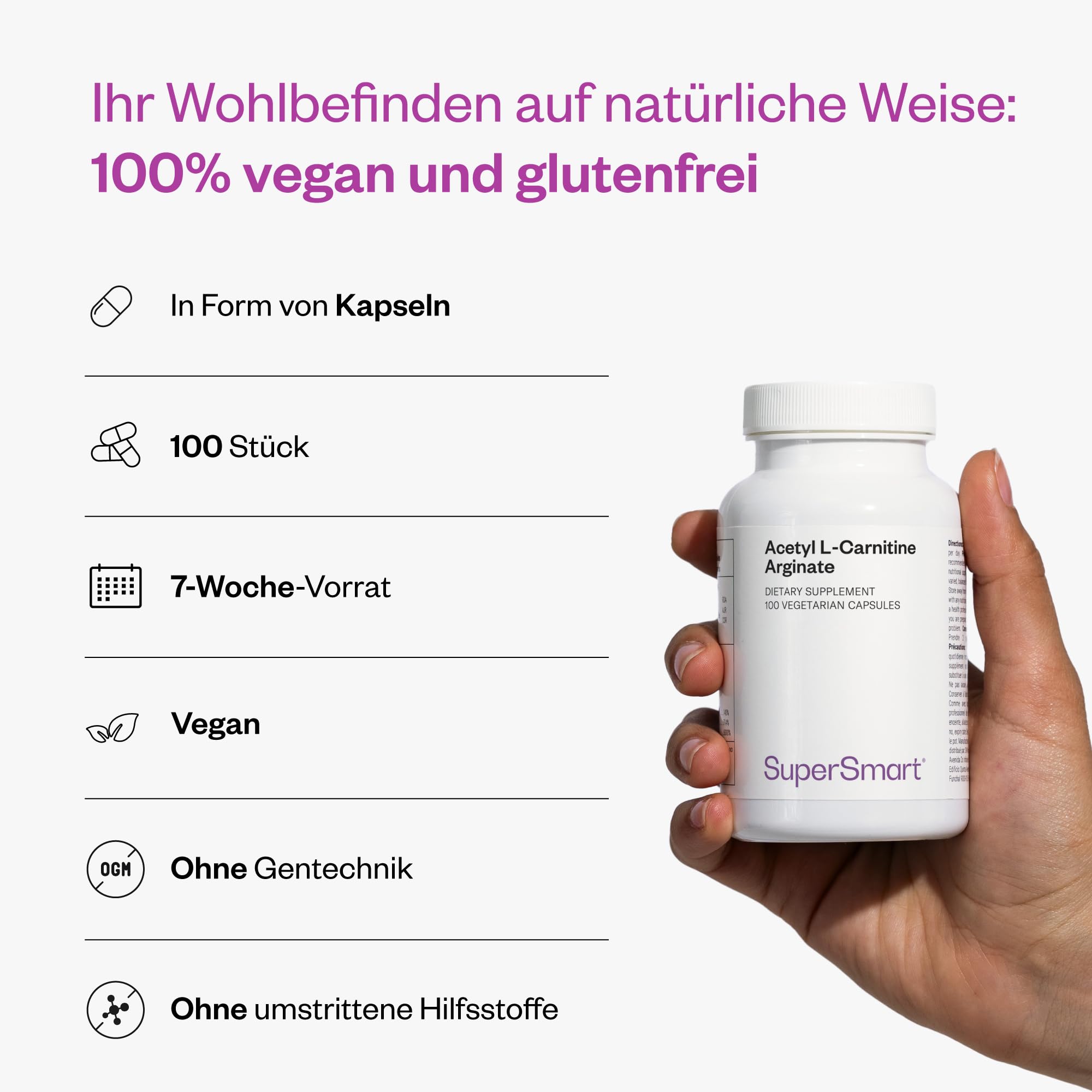 Acetyl L-Carnitin Arginat - Unterstützt die zelluläre Energieproduktion - Bietet Neuroprotektion - Fördert die Fettverbrennung - Dient als Energieschub - Supersmart.