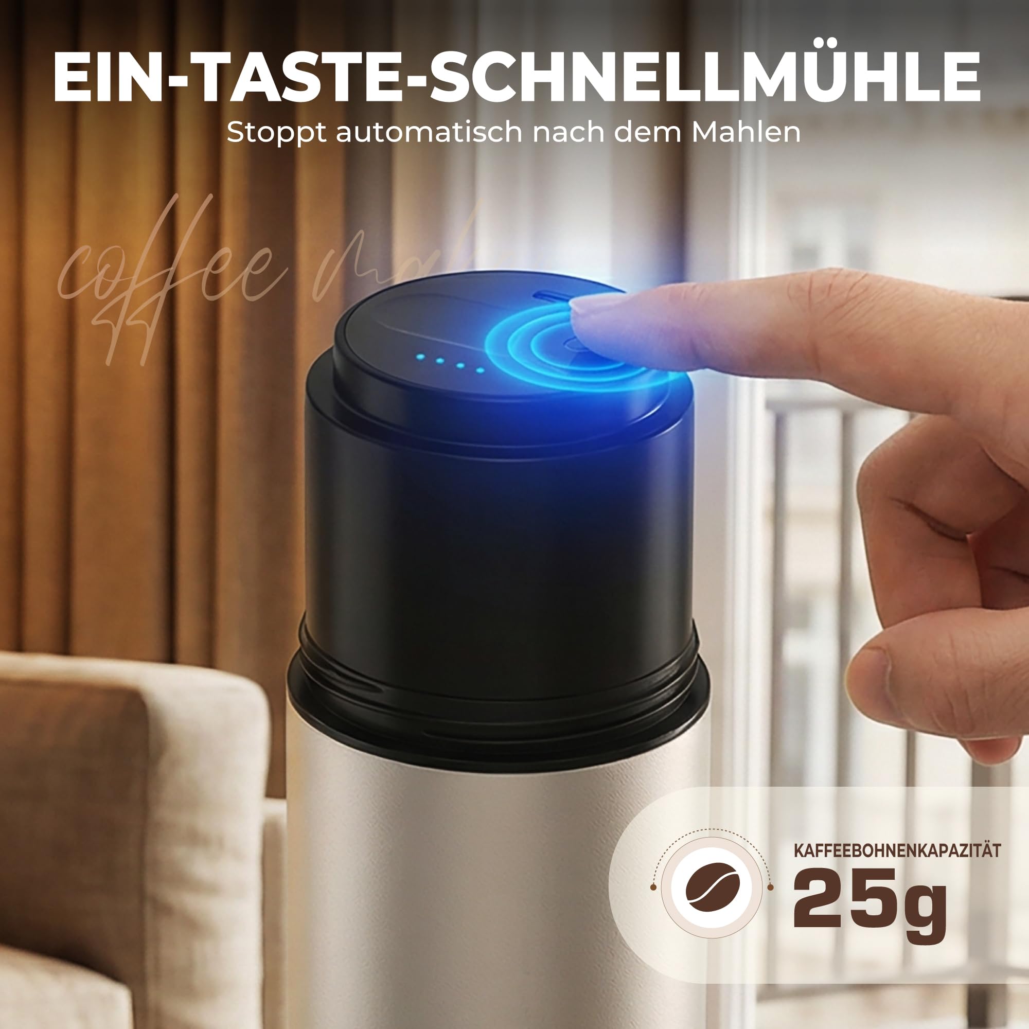 HAUSHOF Tragbares Kegelmahlwerk, Kabellose Elektrische Kaffeemühle | mit Integrierter Infusion, Doppelt Öffnendem Deckel, Edelstahlfilter und Thermobecher für Reisen und Camping, Weiß