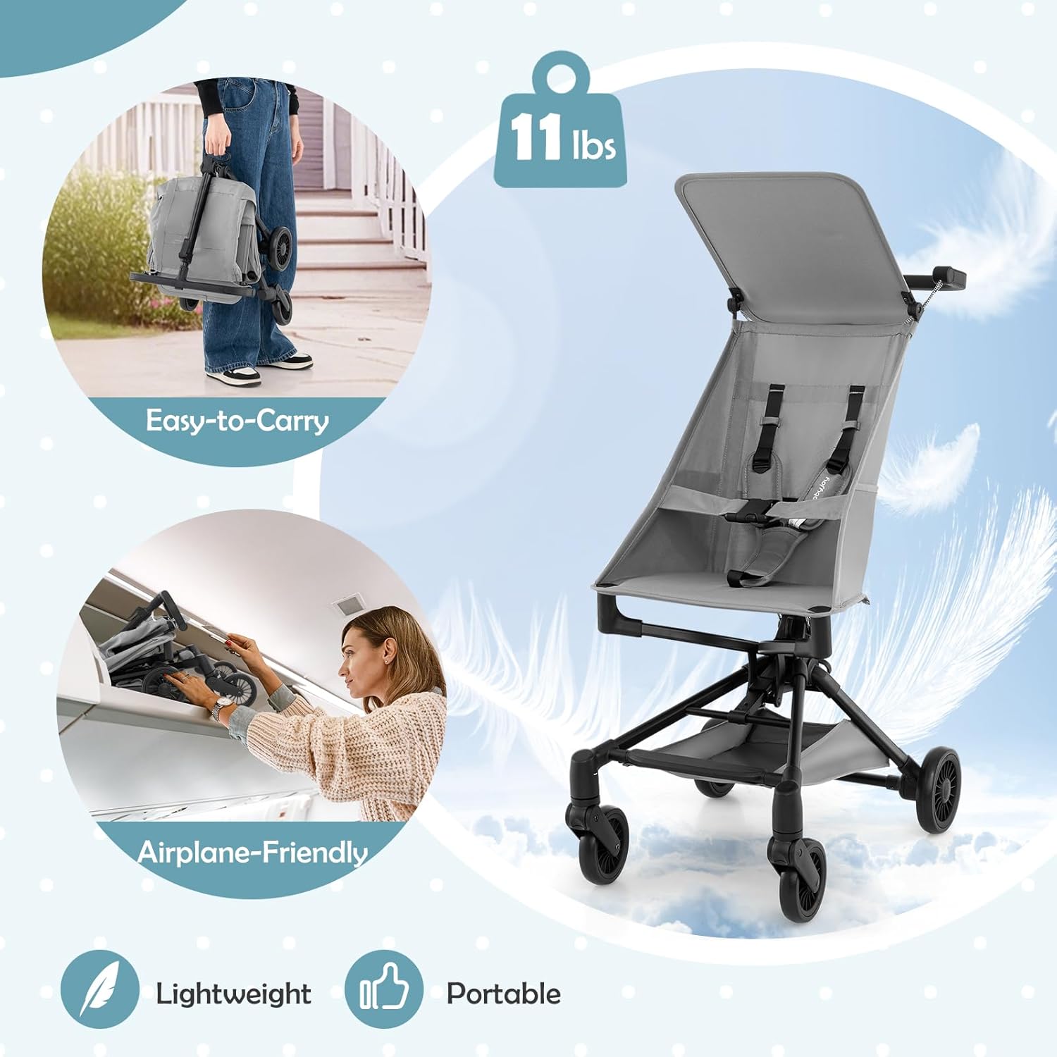 BABY JOY Lightweight Stroller, Compact Travel Stroller for Airplane with Easy One-Hand Fold, Adjustable Canopy, Storage Basket & All-Terrain Wheels for Toddlers 6-36 Months (Gray)