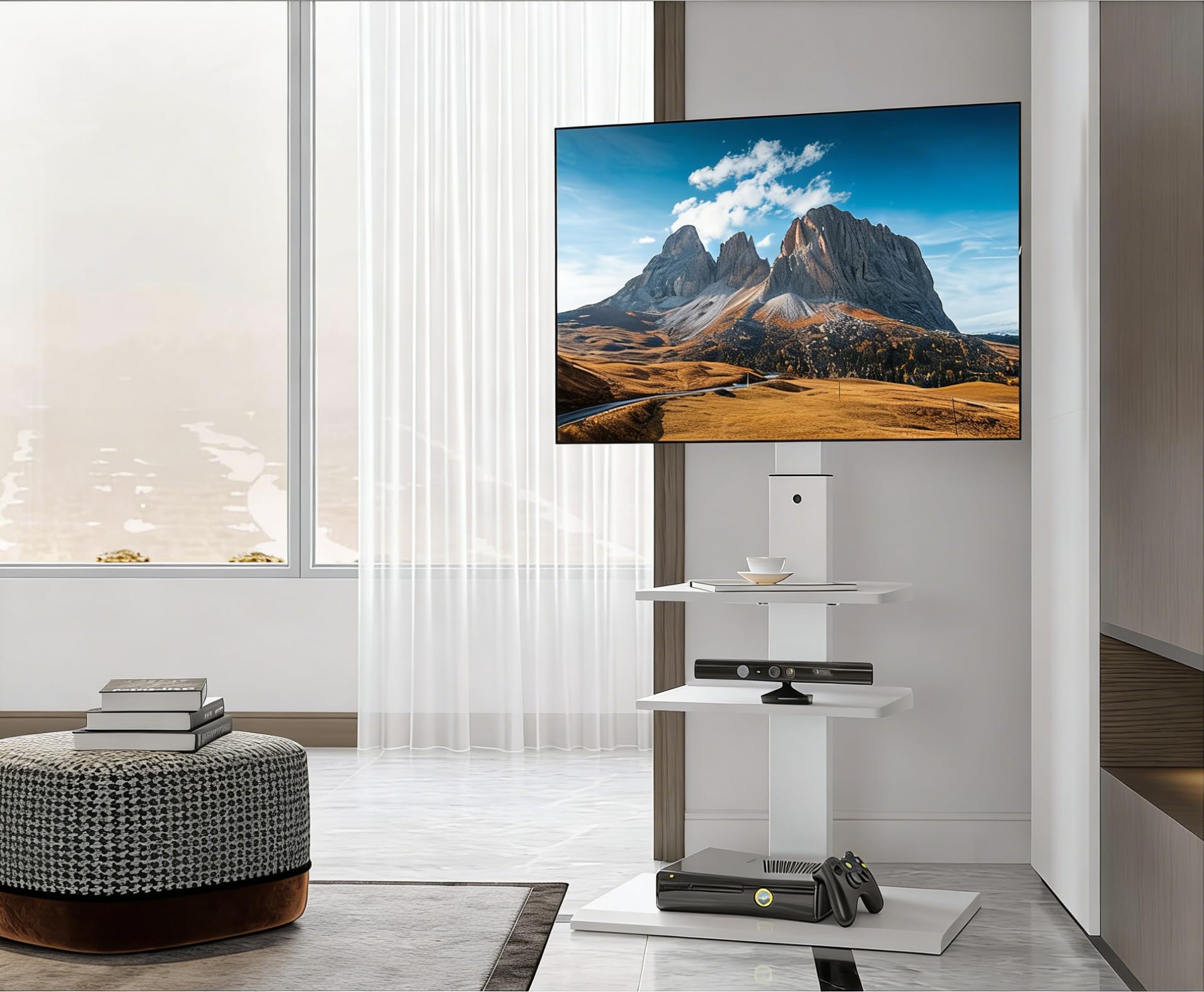 FITUEYES Supporto TV da Terra per 32-75 Pollici, Supporto TV da Pavimento con 3 Ripiani, Inclinabile Girevole Altezza Regolabile Max VESA 600x400mm