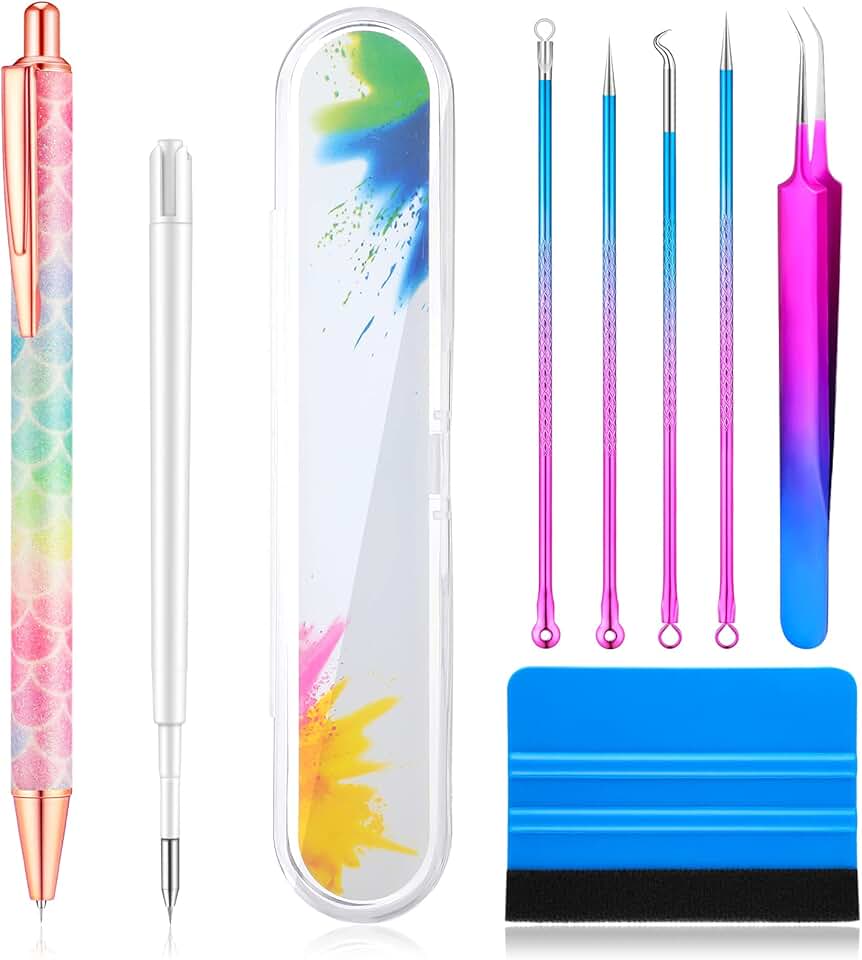 8 Pieces Pin Pen Weeding Tool Vinyl Weeding Tool with Rainbow Retractable Air Release Pen and Refill Vinyl Squeegee Tweezers Weede
