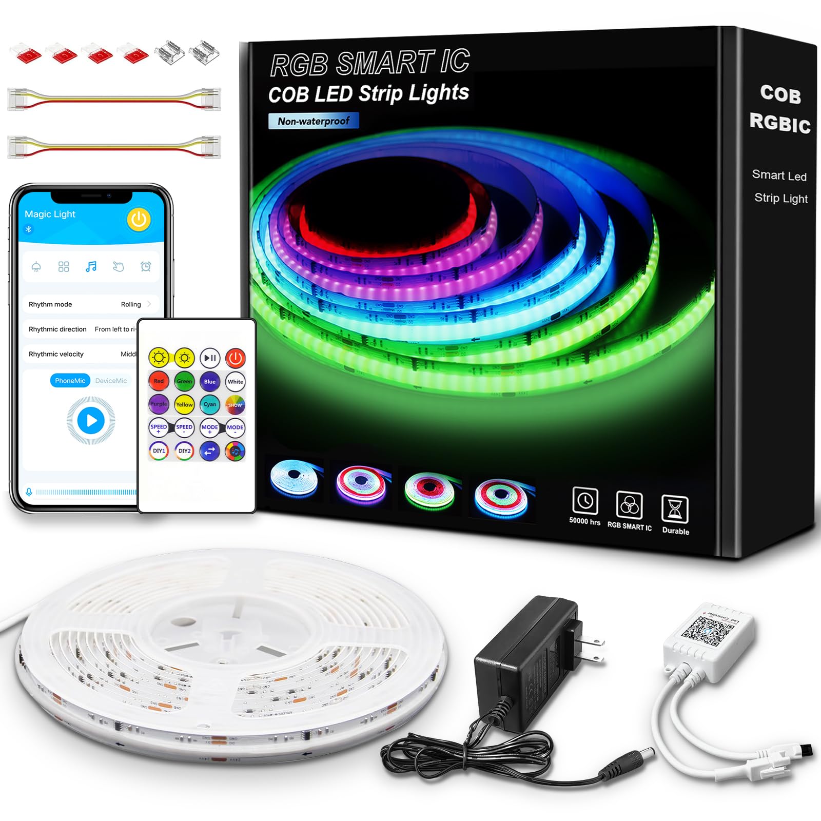 GUPUP Factory Tira de luces LED COB RGB de 16,4 pies, kit de luces de cinta que cambian de color inteligente con control remoto, control de aplicación y modo de música, tira de iluminación flexible pa