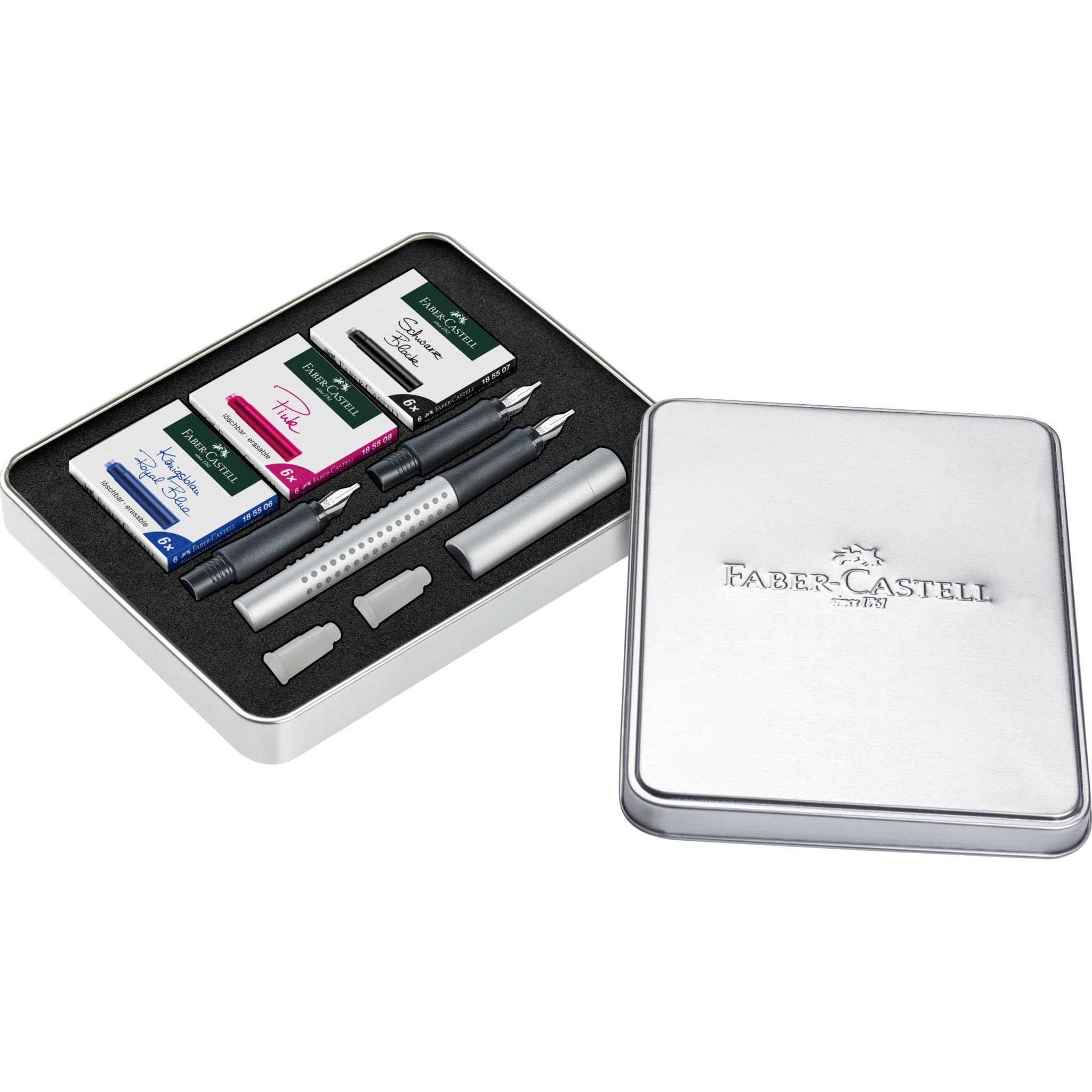 Faber-Castell 201629 – Grip 2011 zestaw do kaligrafii, srebrny, z tuszem w kolorach czarnym, różowym i królewskim błękit