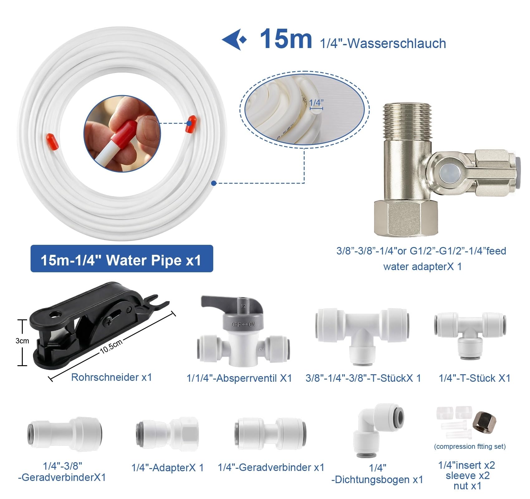ilauke Tubo de Suministro de agua de 15m,Kit de Conexión Universal para Manguera de Suministro de Agua 1/4" con Kit de Accesorios de Conector para Frigoríficos Samsung de Estilo Americano