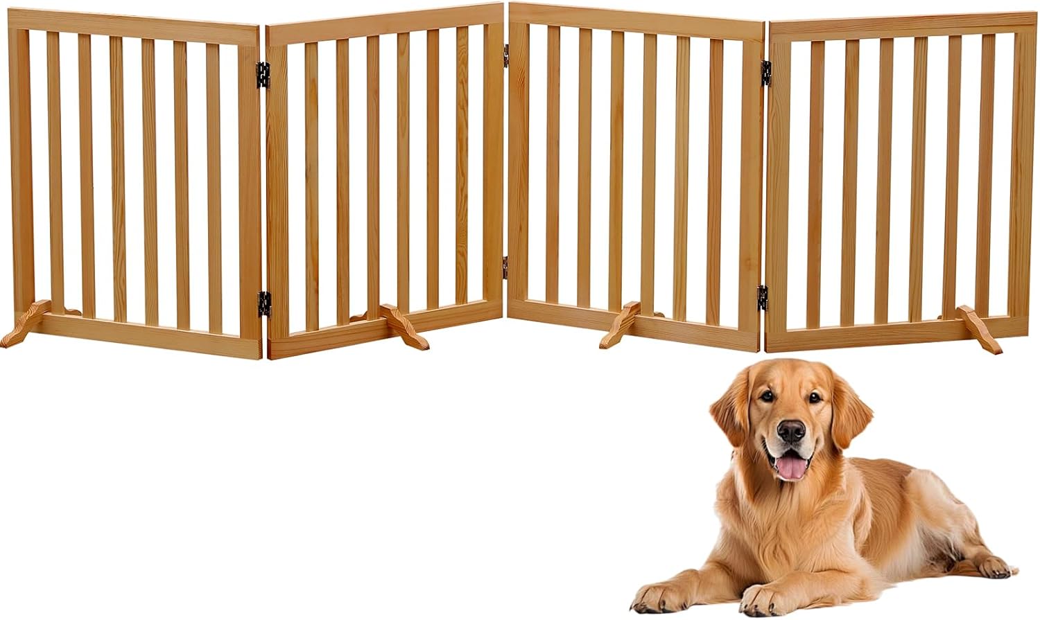 Wooden Foldable Dog Gate Pet Dog Fence for House Stairs Hallways Doorways, Freestanding 4 Panels Puppy Safety Gate 80.9 Inch Wide 23.6 Inch Height Indoor Brown
