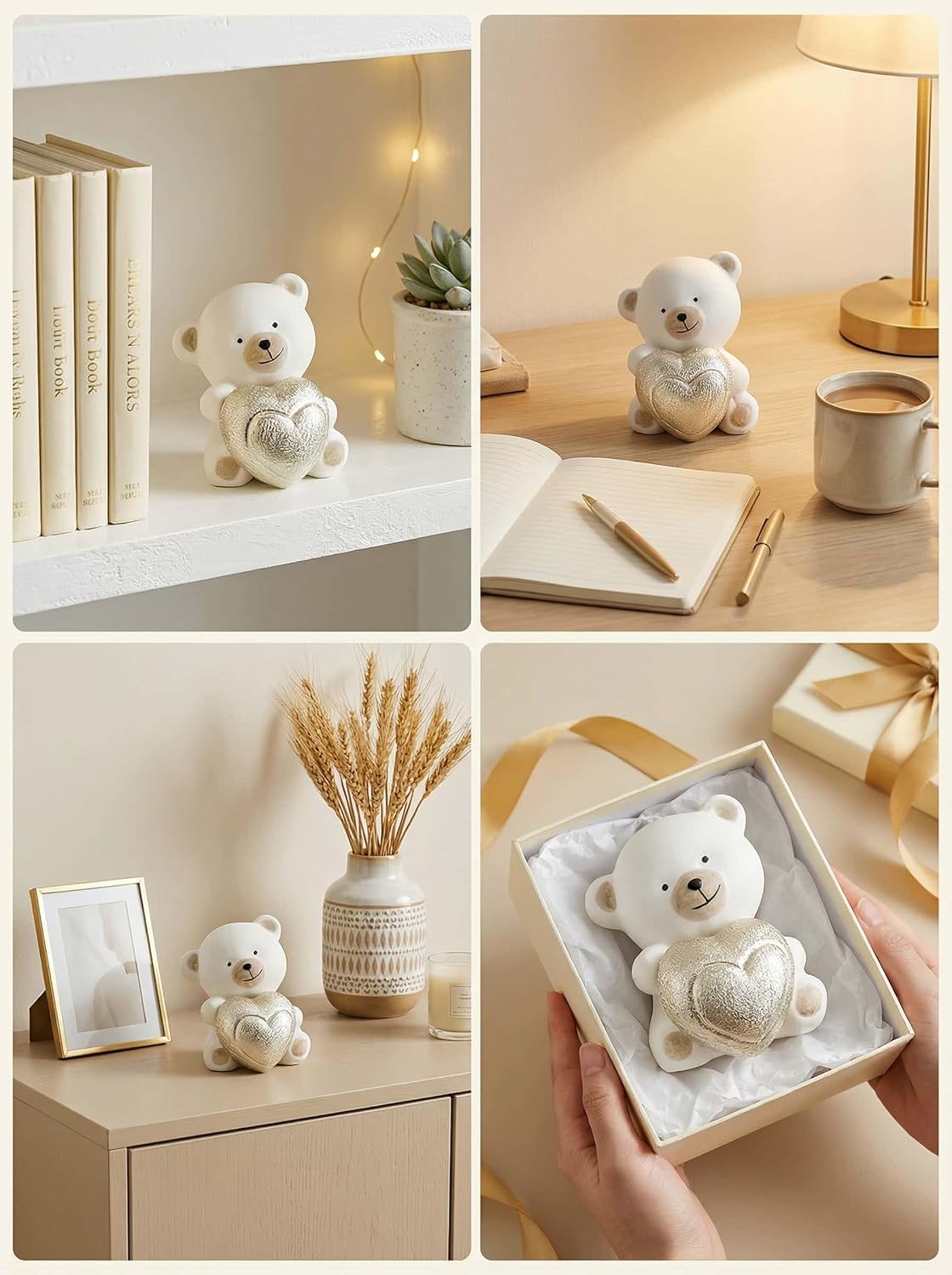 Cute Ceramic Valentine's Day 3.2 Inch Love Bear Figurine Golden Heart Statue Wedding Shelf Livingroom Decor - Image 7