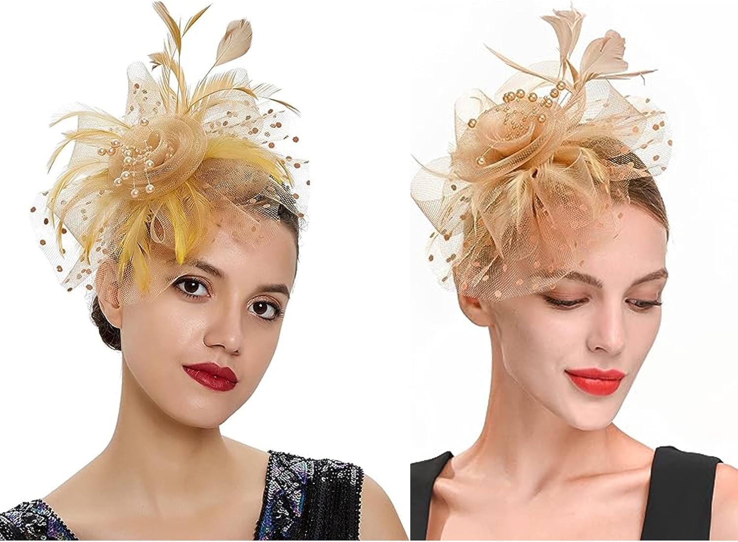 Fascinator Hat for Women, Gold-flower-yumao Tea Party Headband with Hair Clip, Vintage Elegant Special Occasions Fascinator, Black Feather Costume Headband, One Size for Women - Image 4