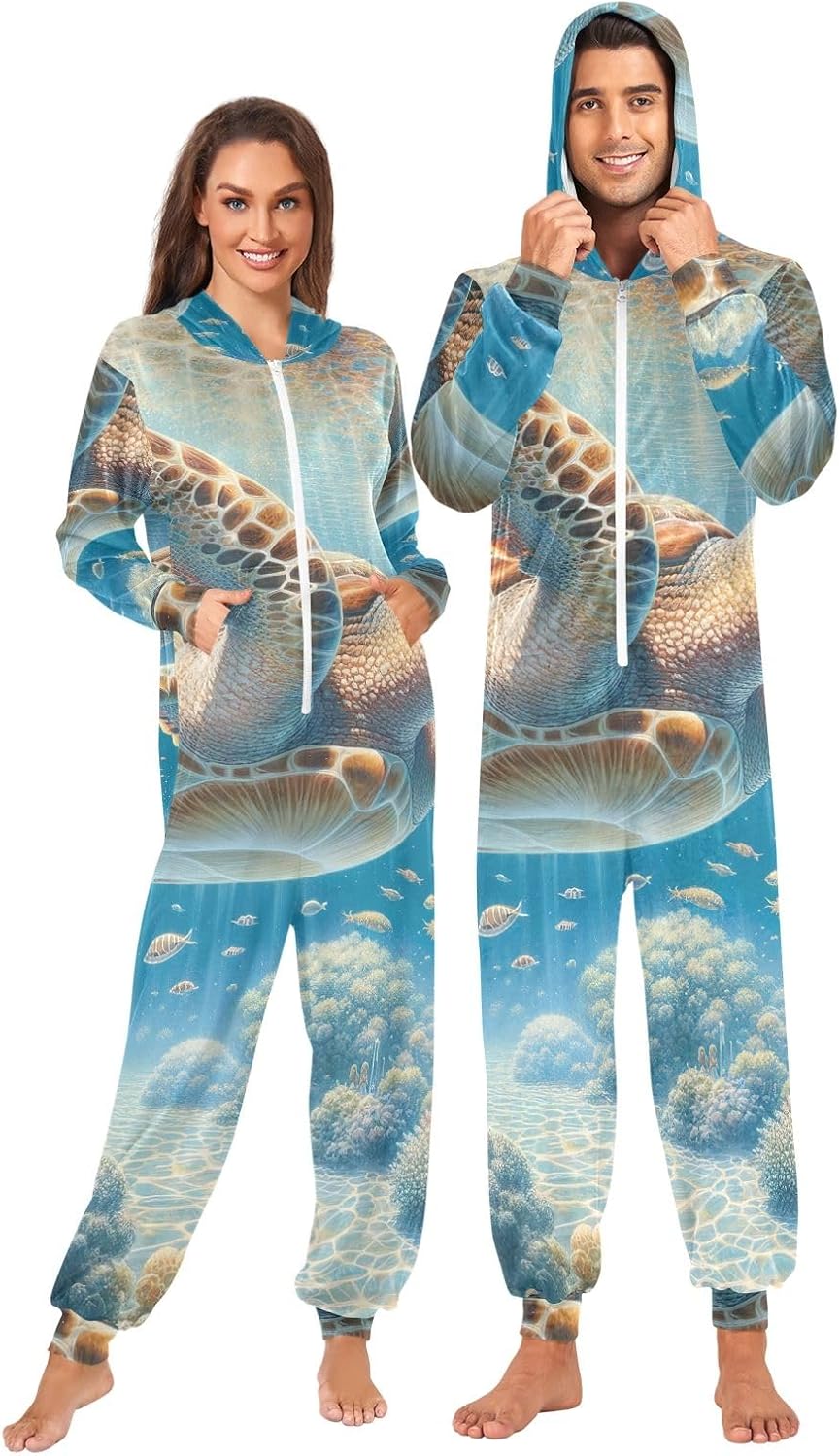 GAIREG Vintage Sea Turtle Art Adult Onesie Pajamas, Soft Plush Hooded One Piece Loungewear for Men Women