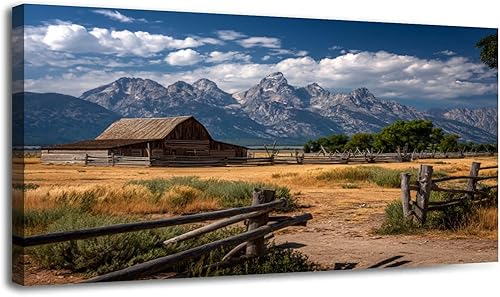 30"x 60" Canvas Wall Art Rustic Mountain Farmhouse Vintage Wyoming Grand Teton Framed Pictures Painting Print Large Wall Art for Living Room Bedroom