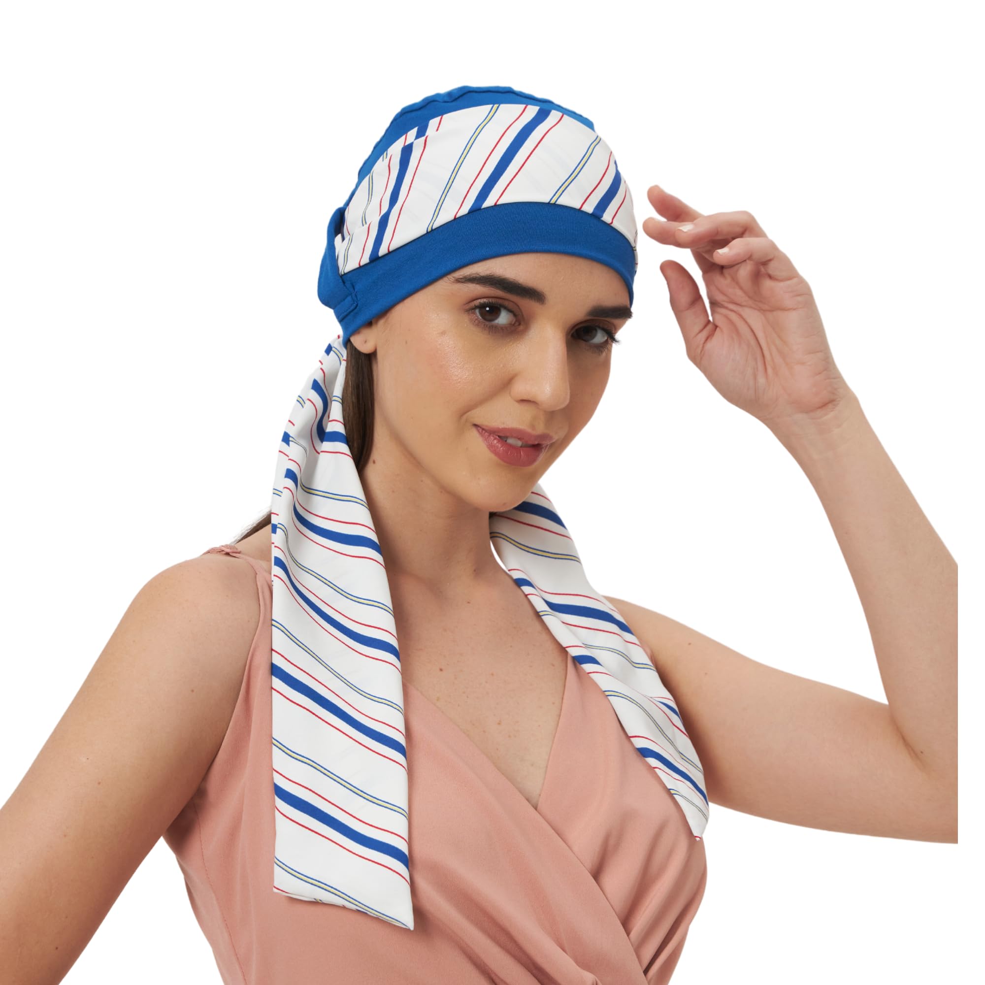 Skin-Friendly Bamboo Viscose Free Size Loop Cap with Printed Tail for Women – Chemo Headwear, Hair Loss Scarf, Stylish Head Wrap Blue-image-5