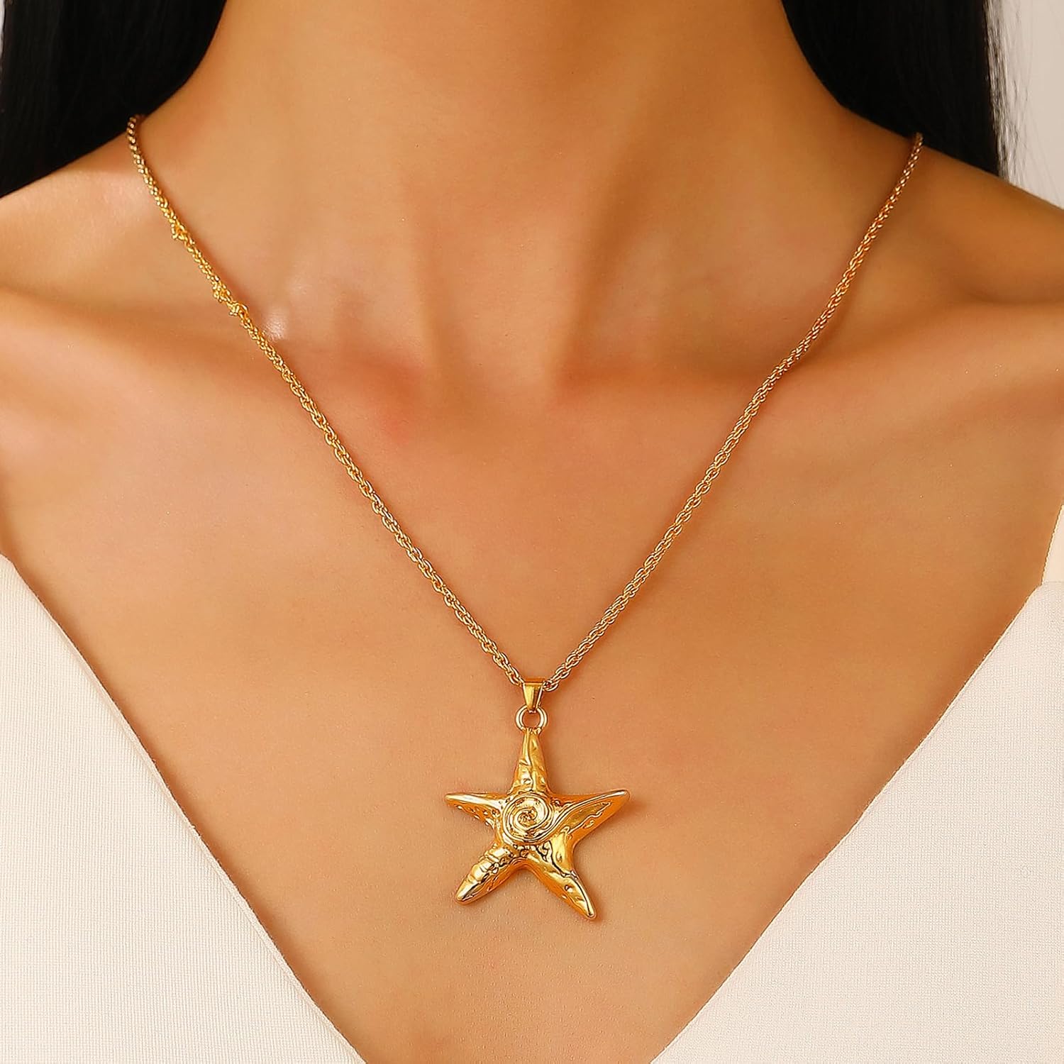 Gold Silver Starfish Necklace for Women Dainty Swirl Summer Beach Ocean Pendant Necklace Stainless Steel Aesthetic Starfish Charm Necklace Trendy Summer Star Jewelry - Image 2