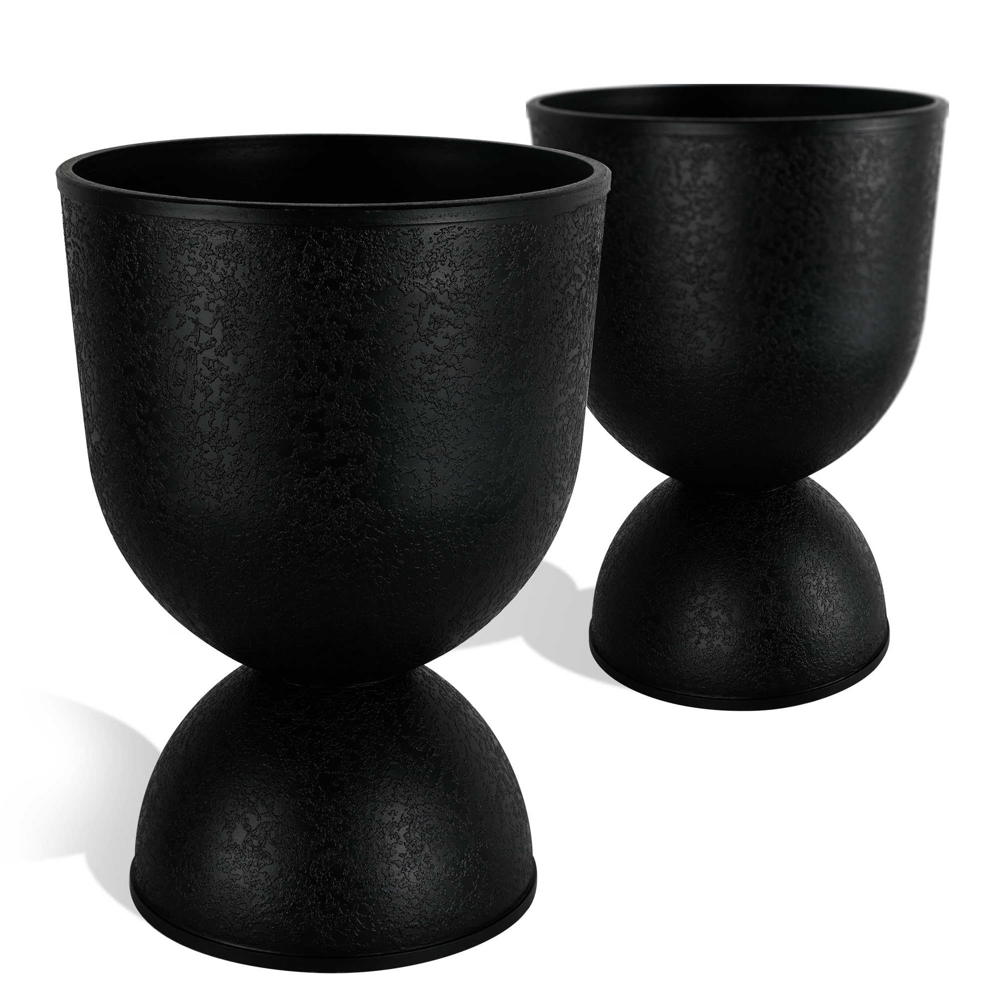 KOL Macetas para flores, macetas de plástico para plantas de interior y exterior, macetas de pedestal negro, 2 unidades, macetas decorativas de 18 pulgadas de alto con agujeros de drenaje y tapones