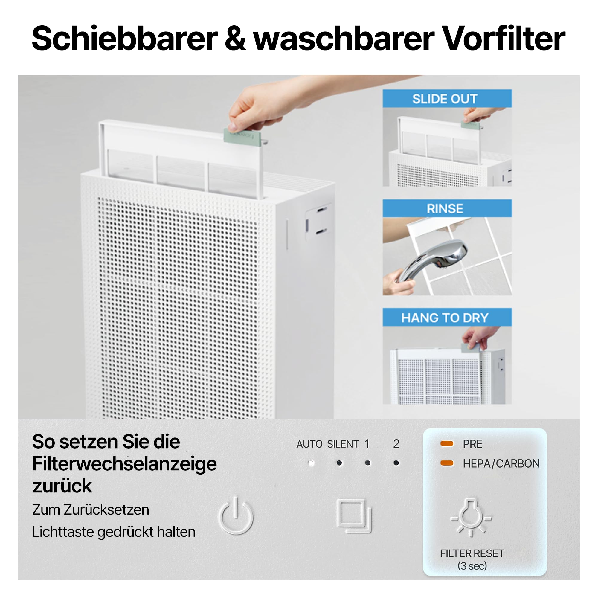 COWAY Luftreiniger Allergiker Zuhause Schlafzimmer air purifier, ECARF und Quiet Mark, Sleep Mode 20 dB, Vorfilter oben entnehmbar und waschbar, Allergie Rauch Pollen Haustiere, Airmega 150, Weiß