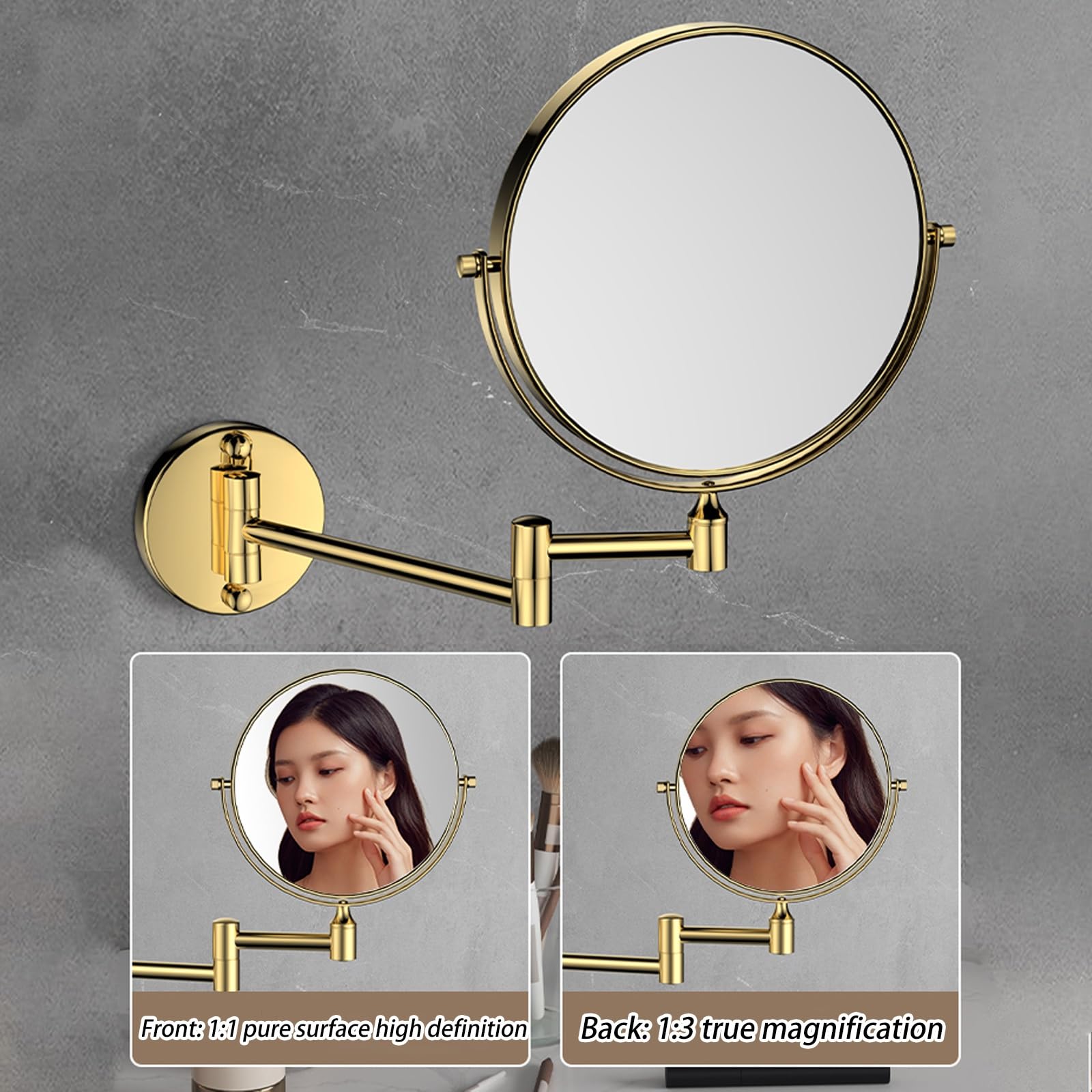 Espejo de maquillaje montado en la pared, espejo de aumento de doble cara 1X/3X, espejo giratorio de 360 grados para afeitarse, espejo cosmético de baño extensible para hombres y mujeres
