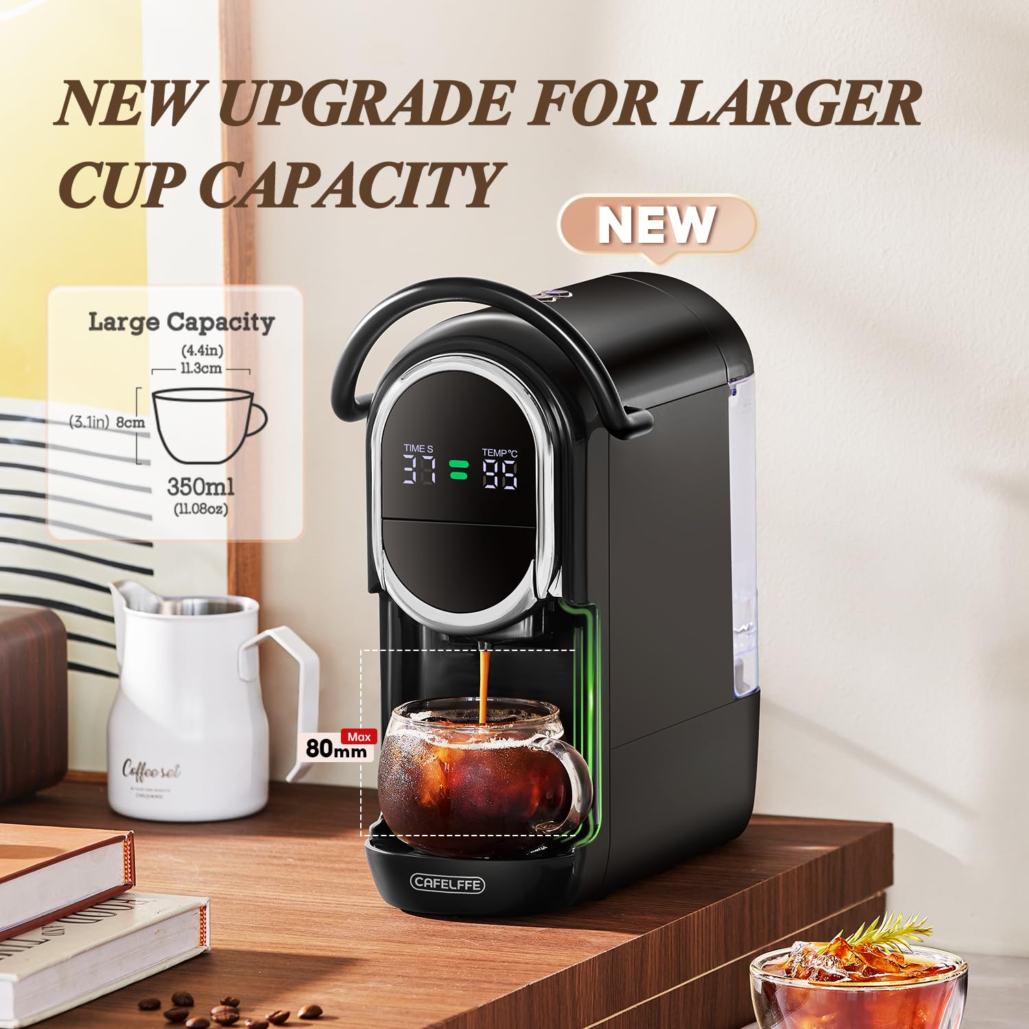 CAFELFFE MK-609S ekspres do kawy na kapsułki 6 w 1, 7 ustawień wody i funkcja parzenia na gorąco/zimno, 19 bar, kompatybilny z kapsułkami NES Original/DG/ESE/K-Cup/herbata/kawa mielona, 1450 W