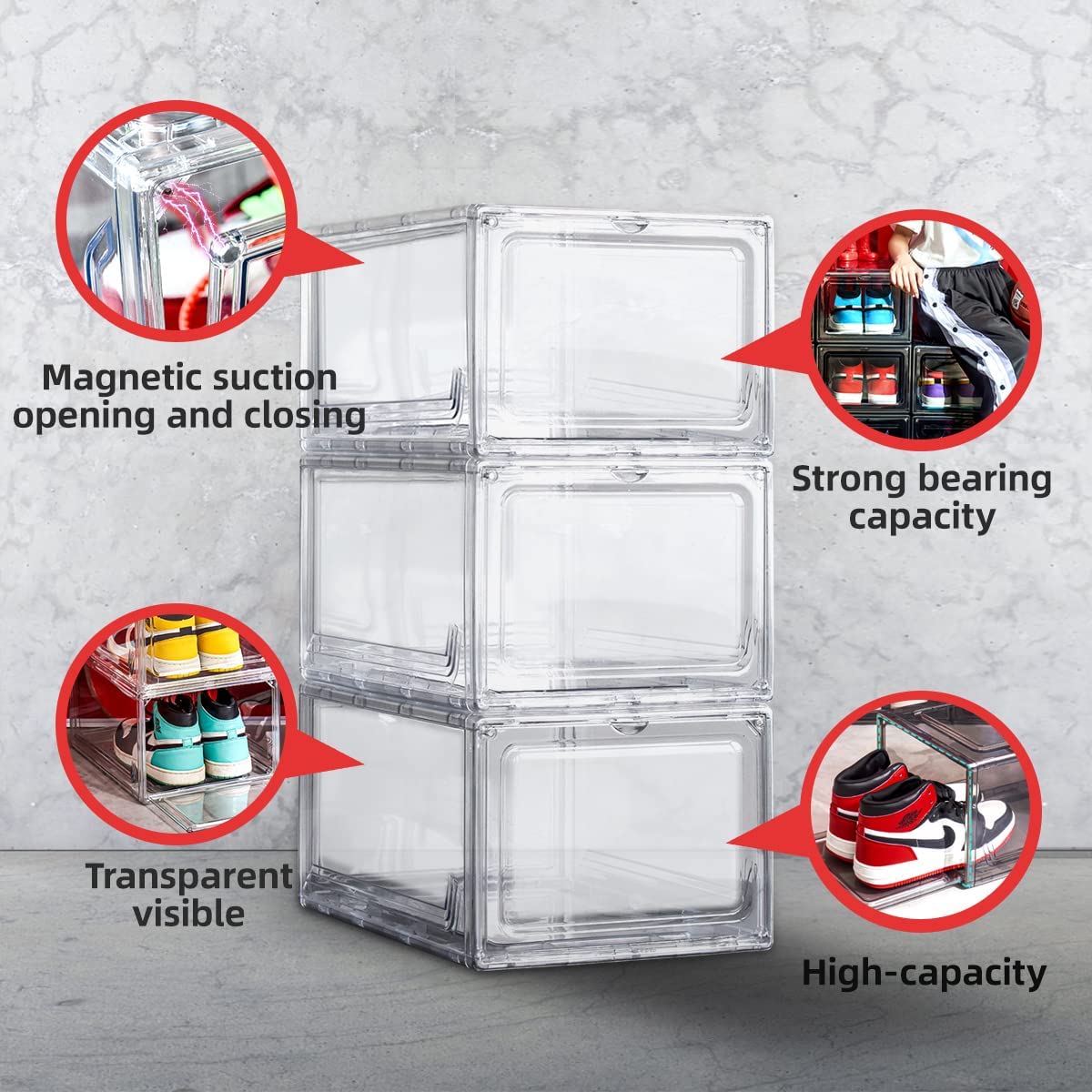 Schuhkarton, 3/4er-Set, stapelbarer Kunststoff-Schuhkarton mit transparenter Tür, als Schuh-Aufbewahrungsbox und durchsichtiger Schuhbox, für Sneaker, einfache Montage (transparent, 4er-Pack)