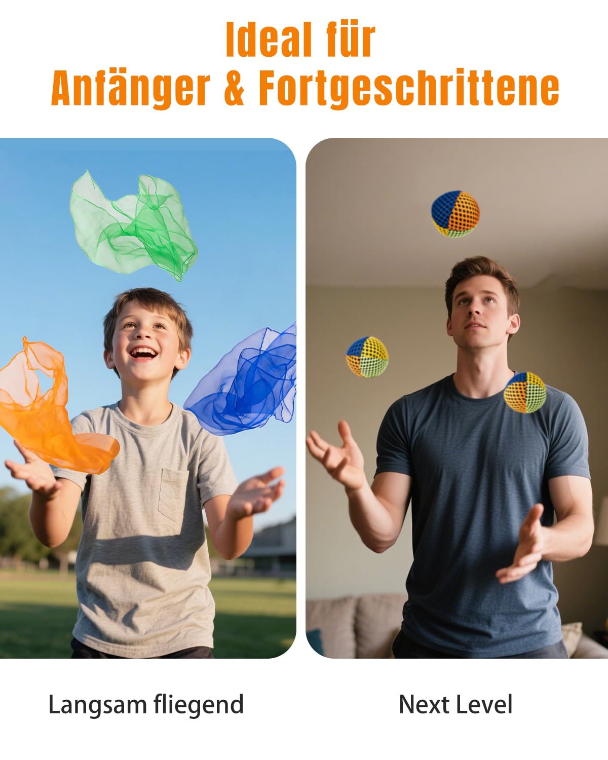 Jonglier-Starterset 4-in-1 mit 3 Bällen, 3 Tüchern, 3 Ringen & 3 Keulen für Anfänger