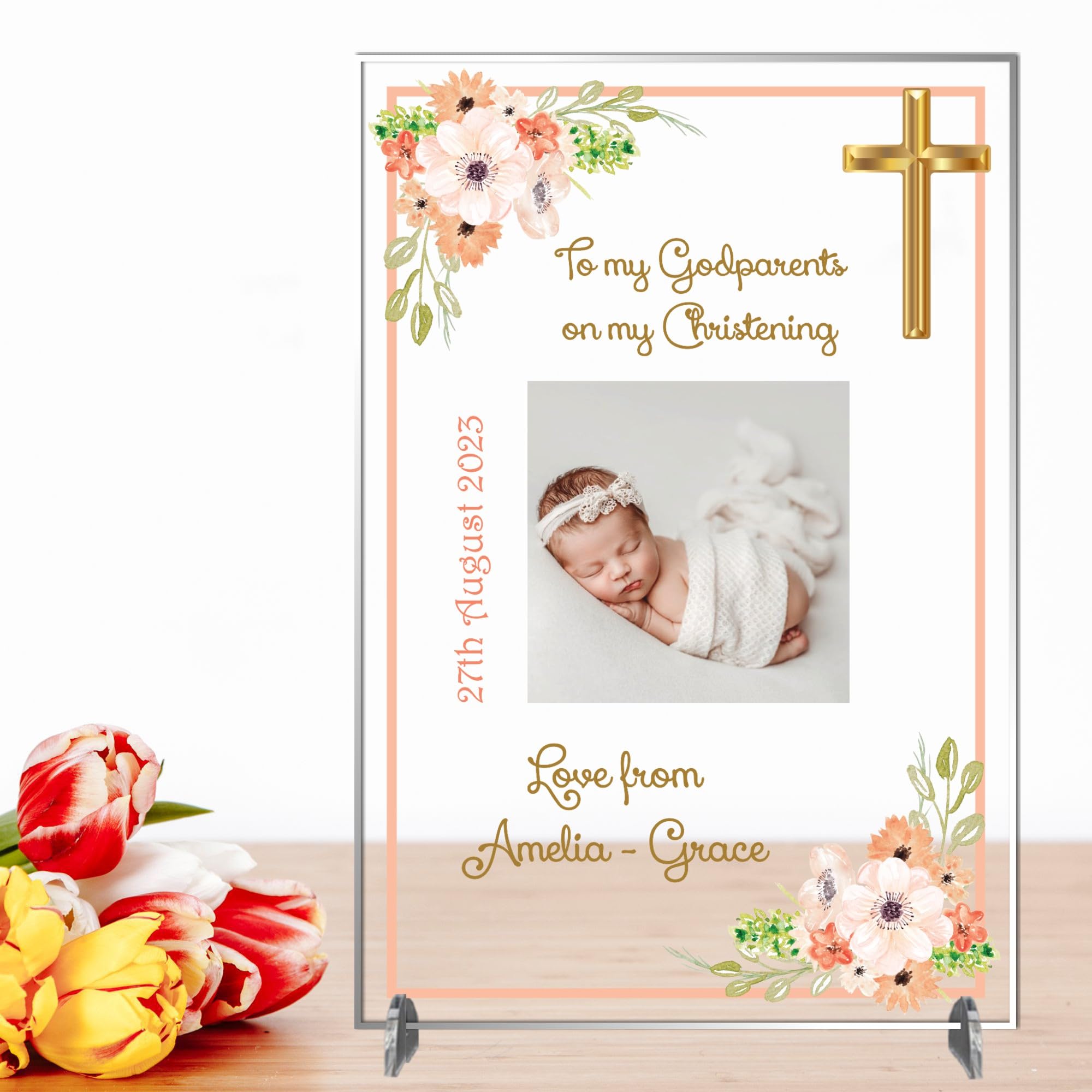 Personalised 'To My Godparents' Christening Photo Plaque | Keepsake Gift | A4 or A5 Size | Customisable with Special Message | (Acrylic 21cm x 15cm, Blush Floral)
